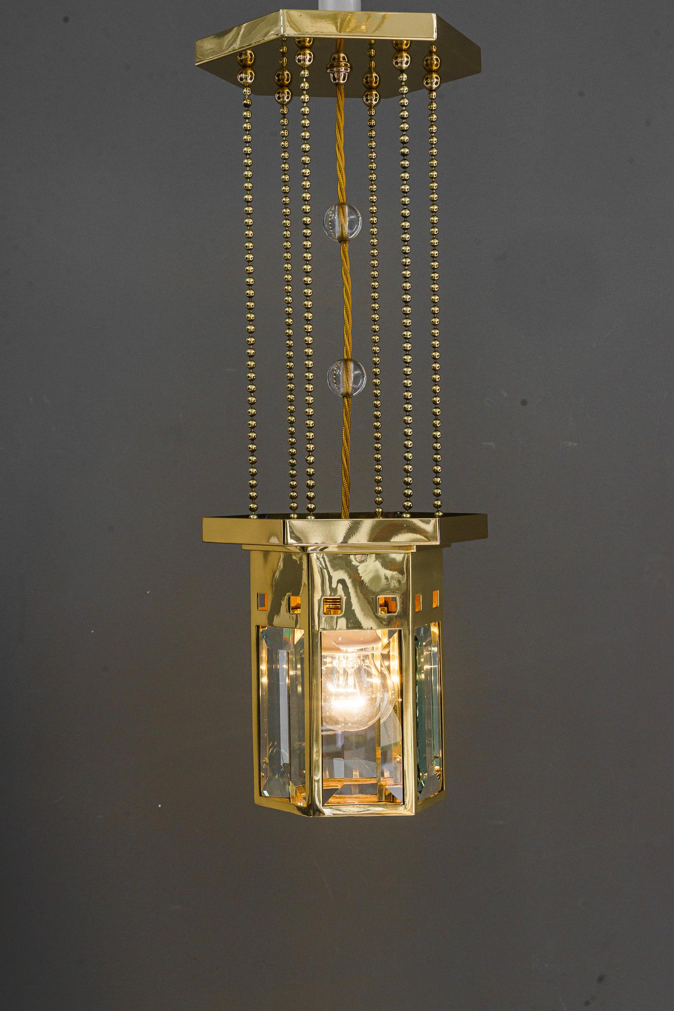 Brass Art Deco Pendant with Facet Cut Glasses, Vienna, Around 1920s For Sale