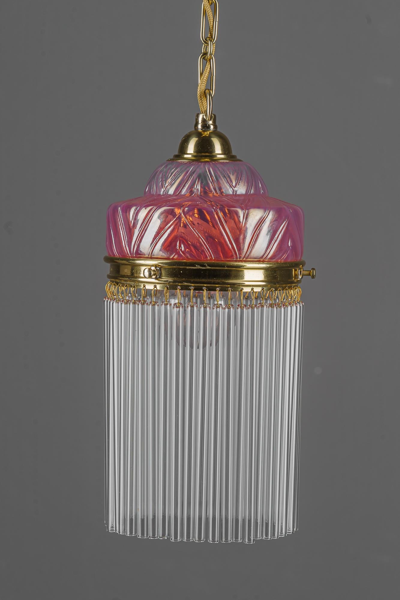 Austrian Art Deco pendant with opaline glass shade and glass sticks vienna around 1920s For Sale