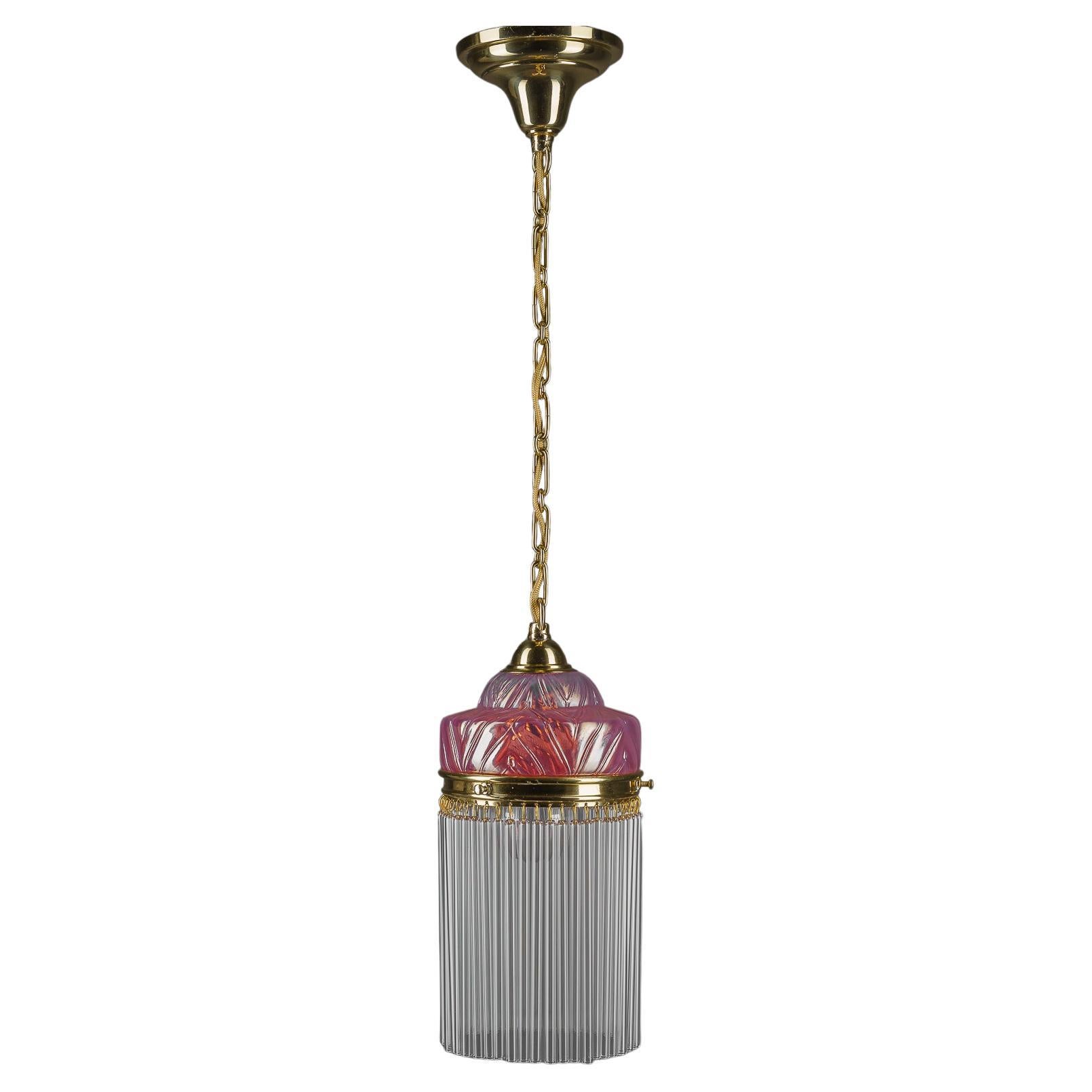 Art Deco pendant with opaline glass shade and glass sticks vienna around 1920s For Sale