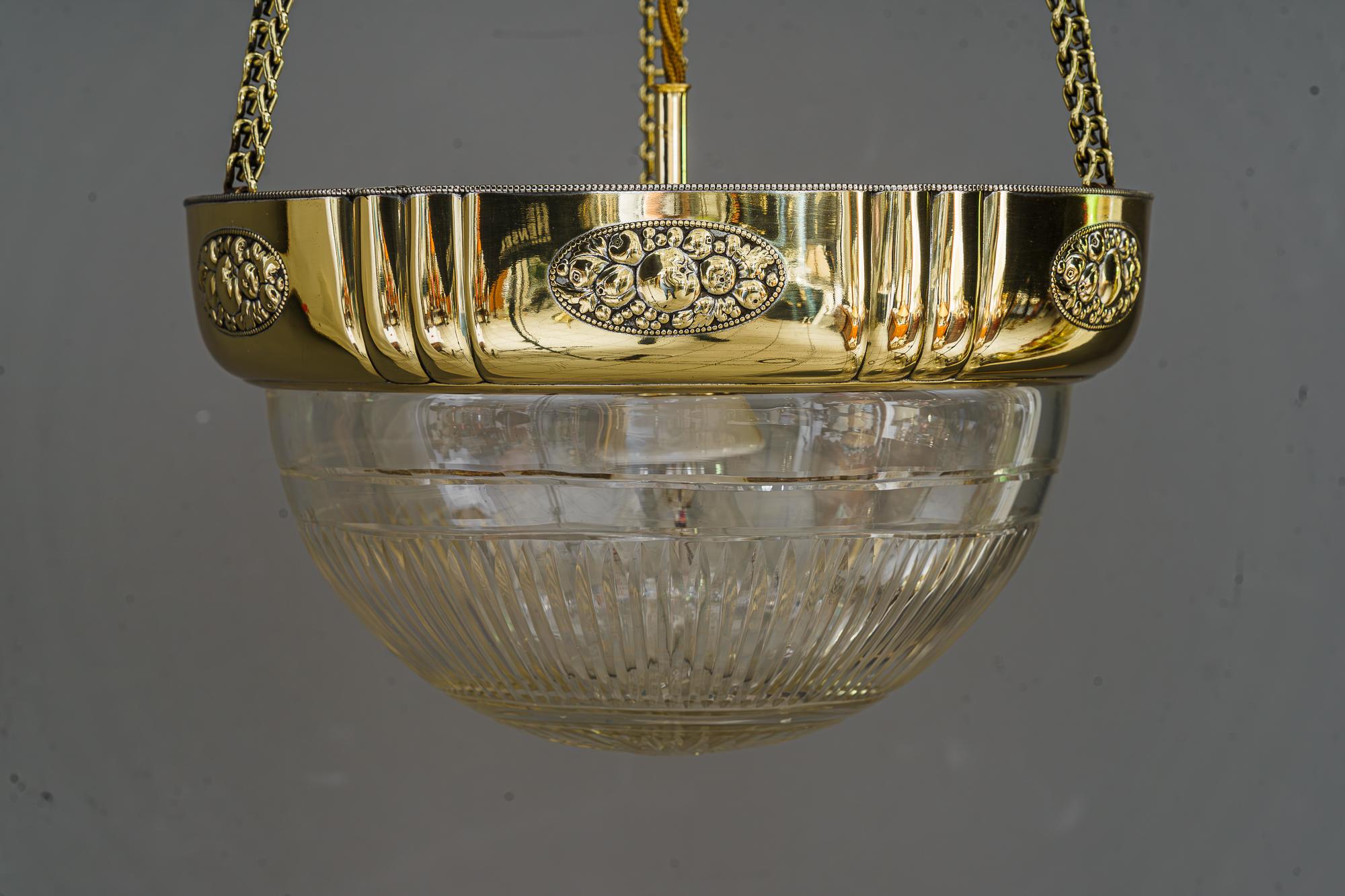 Art Deco Pendant with original antique cut glass shade vienna around 1920s 
Polished and stove enameled.