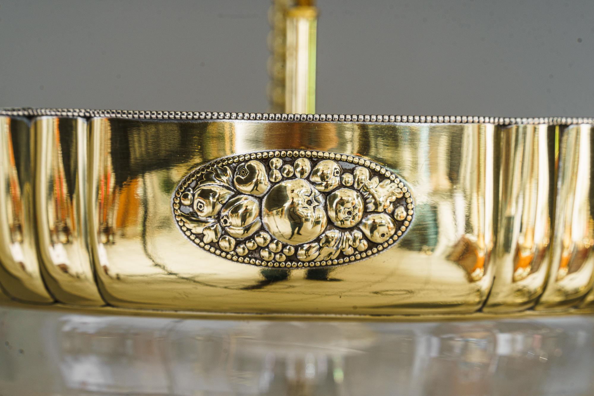 Brass Art Deco Pendant with Original Antique Cut Glass Shade Vienna Around 1920s For Sale