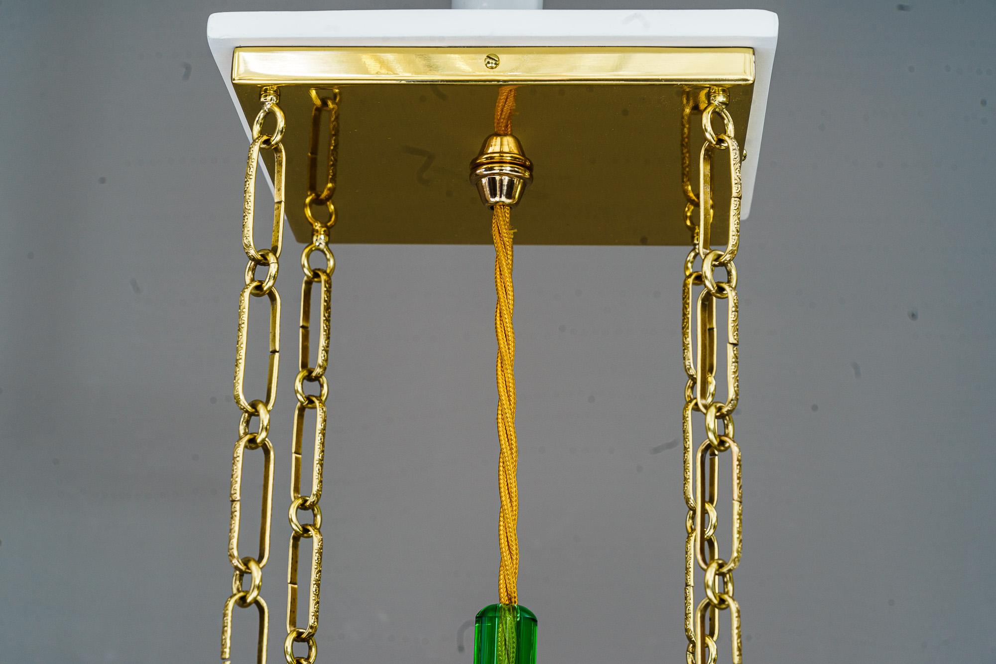 Brass Art Deco Pendant with original antique glasses and original old opaline stones For Sale
