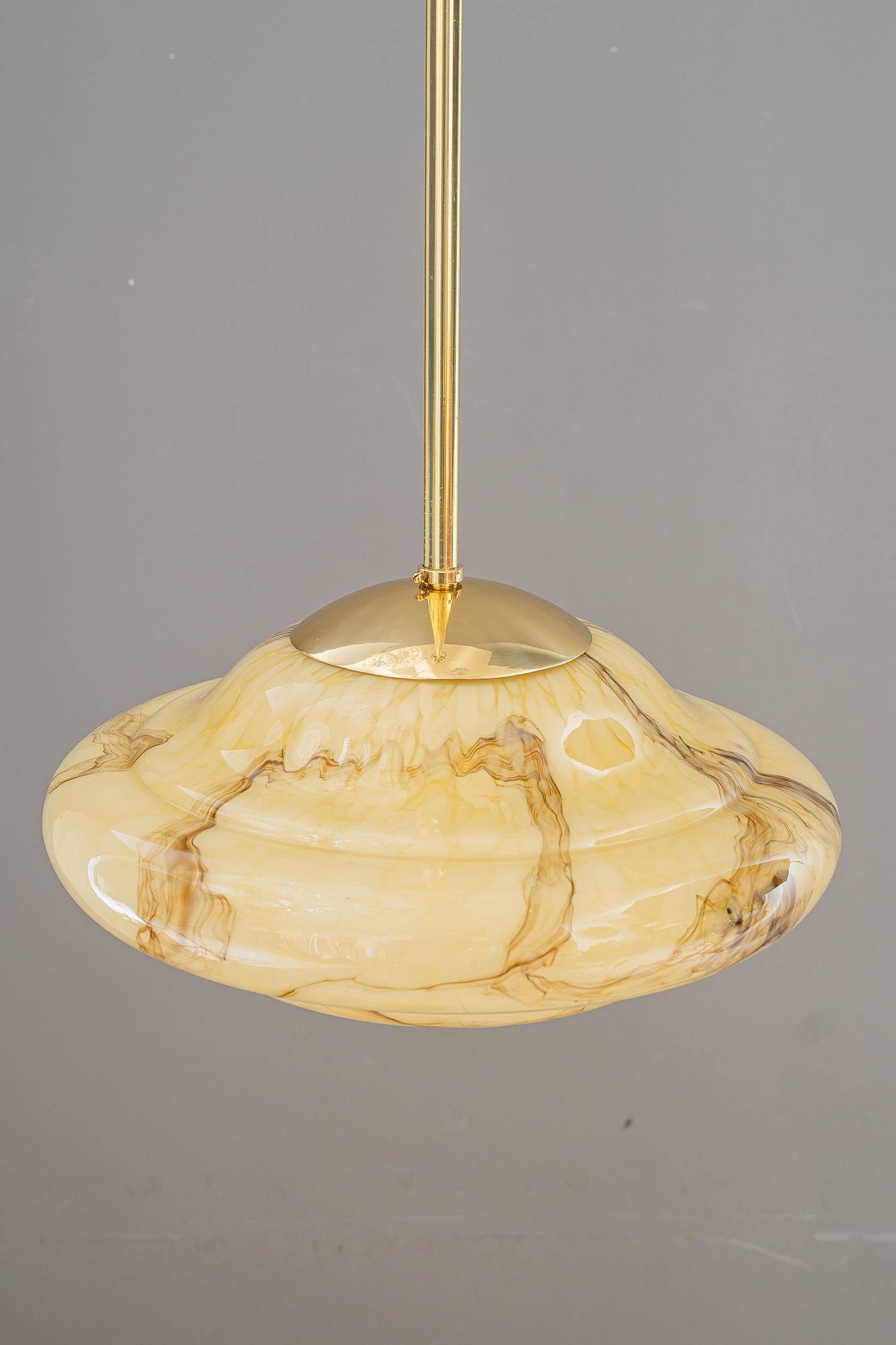 Brass Art Deco pendant with original marbled glass vienna around 1930s