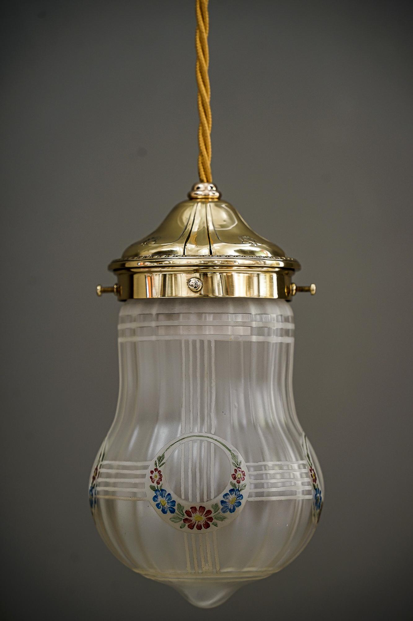 Austrian Art Deco Pendant with Original Painted Glass Shade Vienna Around 1920s For Sale