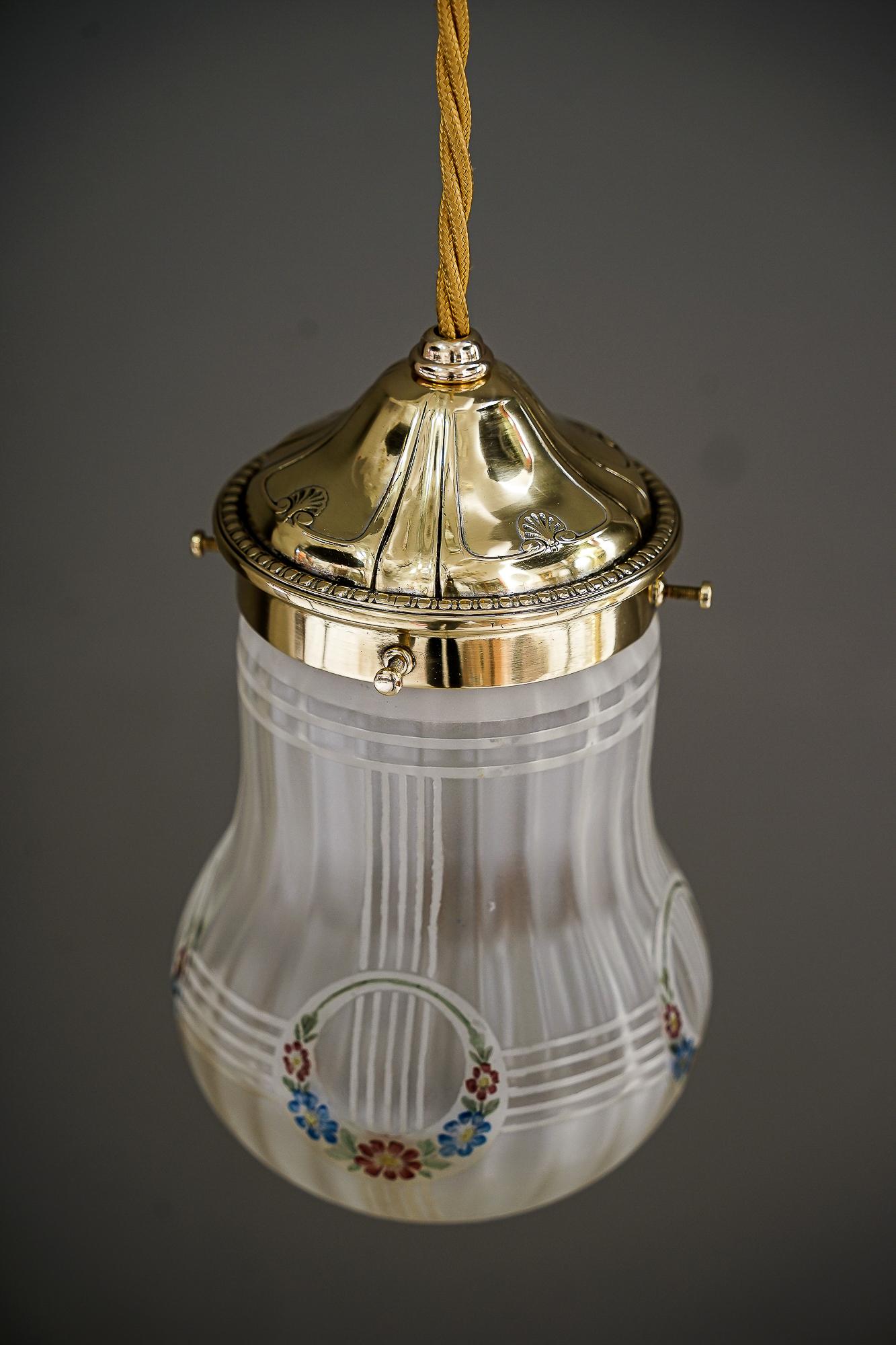 Early 20th Century Art Deco Pendant with Original Painted Glass Shade Vienna Around 1920s For Sale