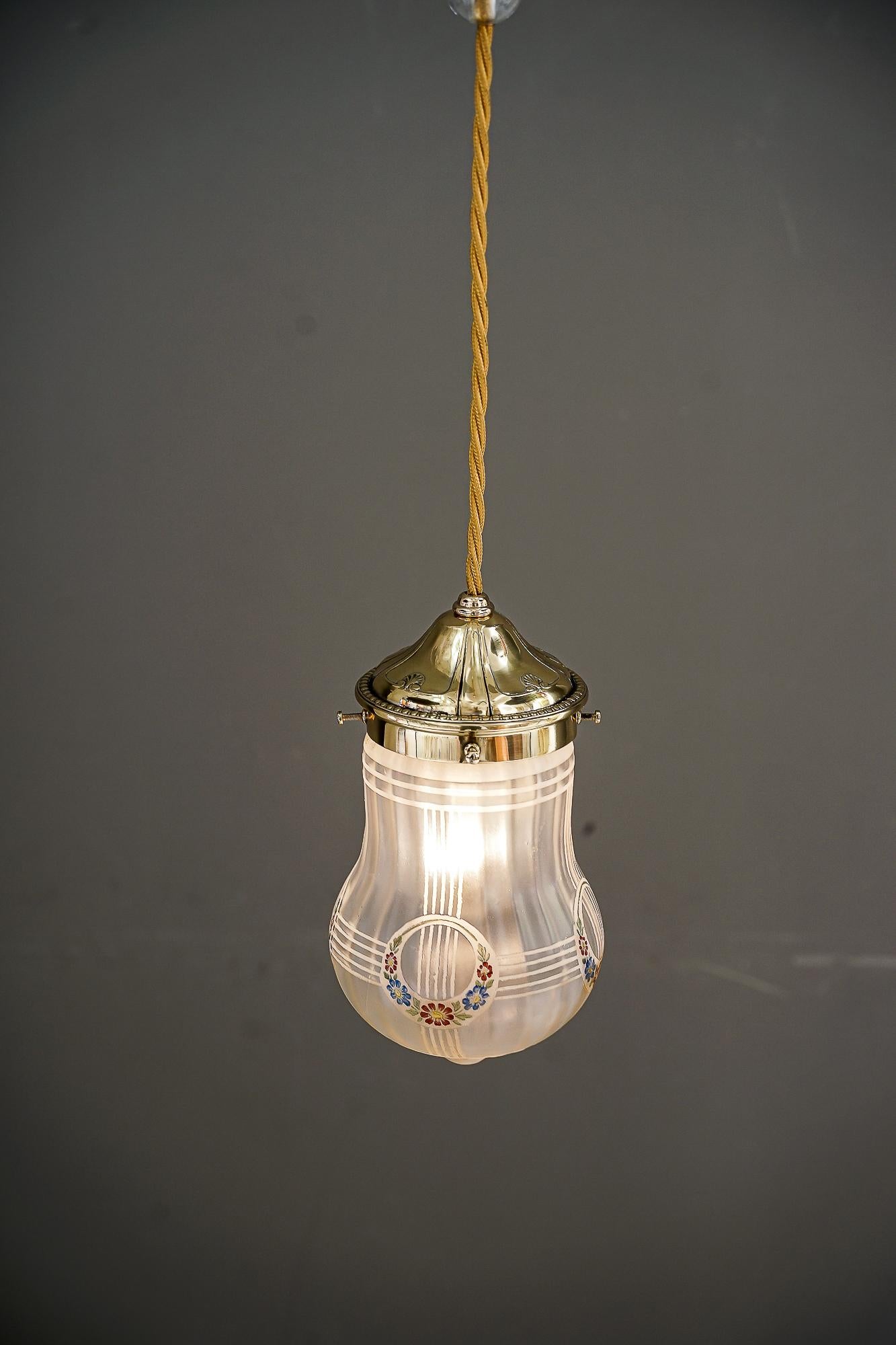 Brass Art Deco Pendant with Original Painted Glass Shade Vienna Around 1920s For Sale