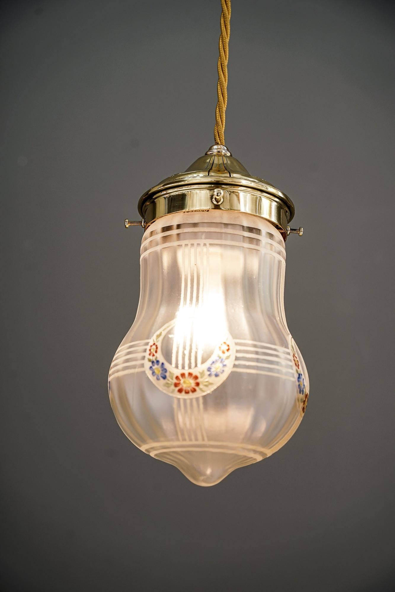 Art Deco Pendant with Original Painted Glass Shade Vienna Around 1920s For Sale 2