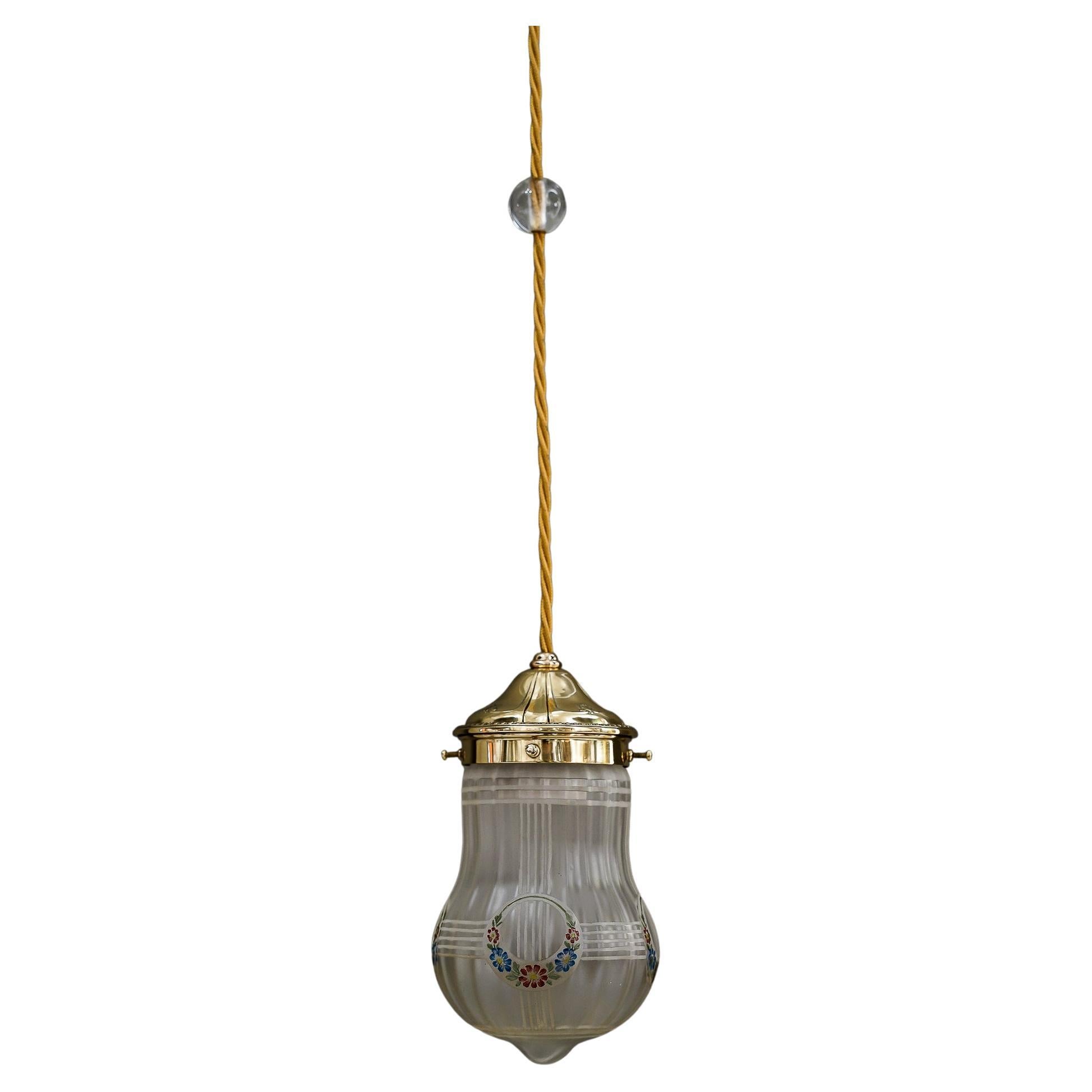 Art Deco Pendant with Original Painted Glass Shade Vienna Around 1920s For Sale