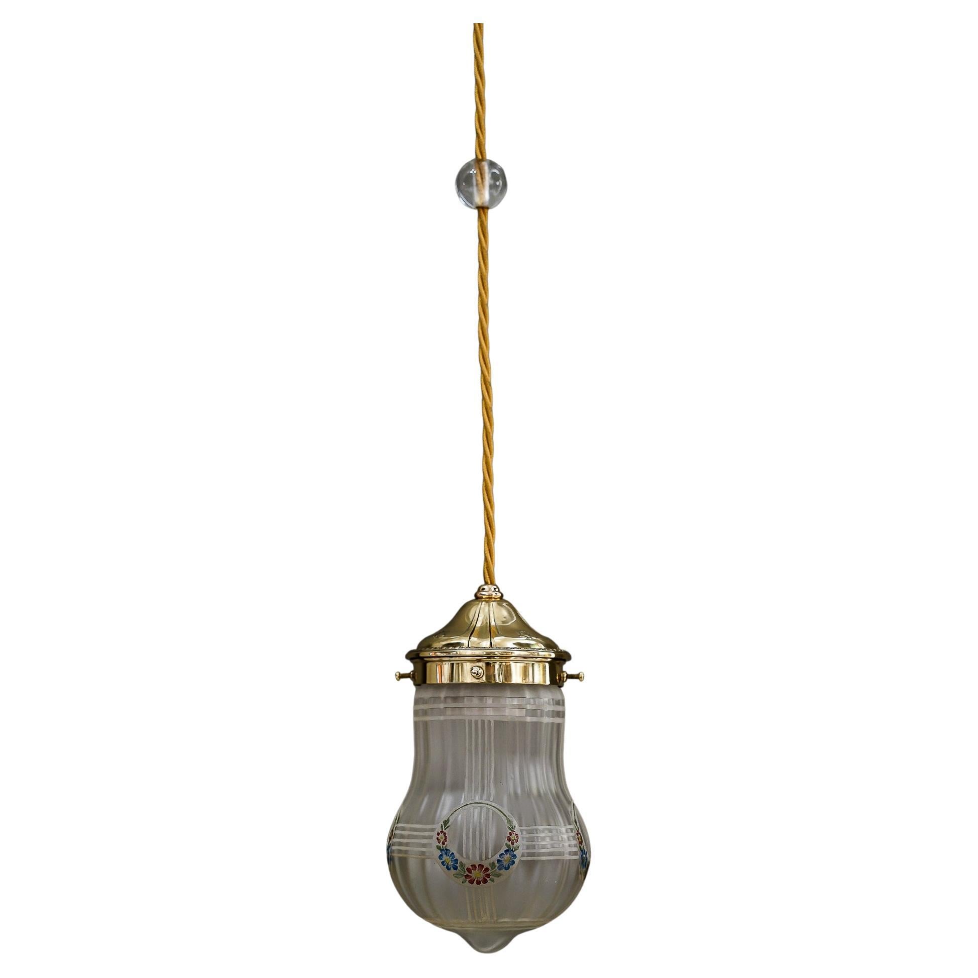 Art Deco Pendant with Original Painted Glass Shade Vienna Around 1920s