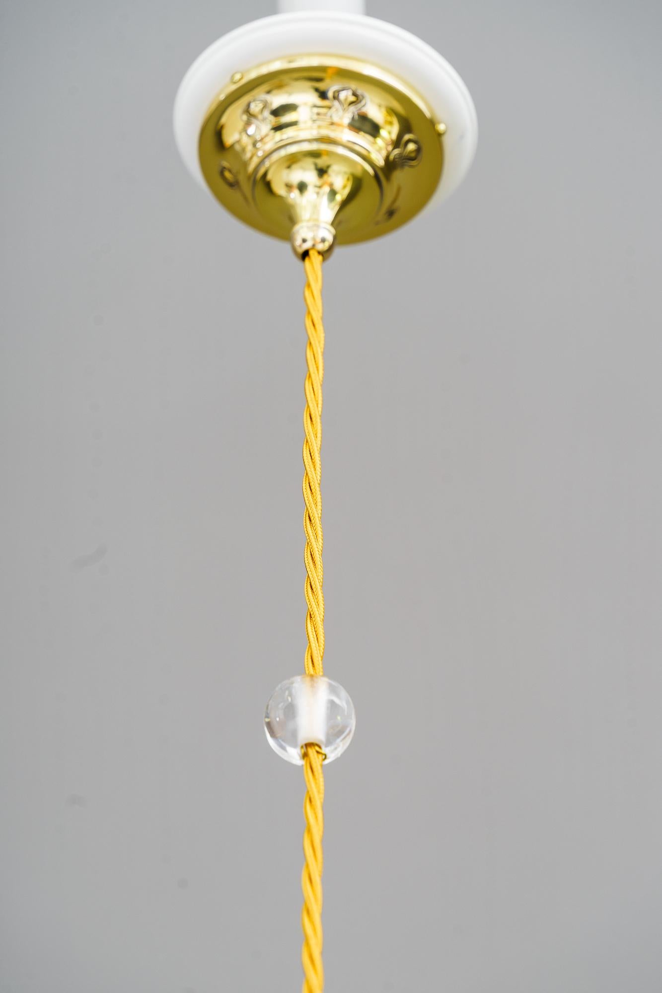 Brass Art deco pendant with original palme koenig opaline glass shade around 1920s For Sale