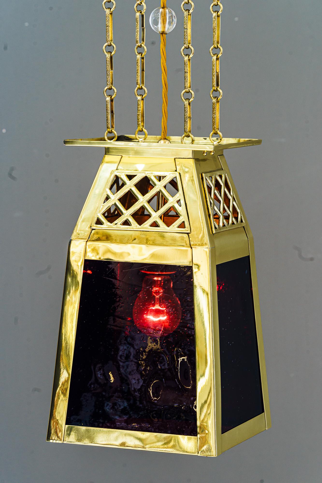 Brass Art Deco Pendant with original red antique glasses vienna around 1920s For Sale