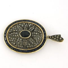 Colgante ART DECO con zafiro y diamantes de talla rosa, de oro de 14k y plata
