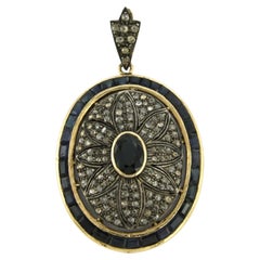 Colgante ART DECO con zafiro y diamantes de talla rosa, de oro de 14k y plata