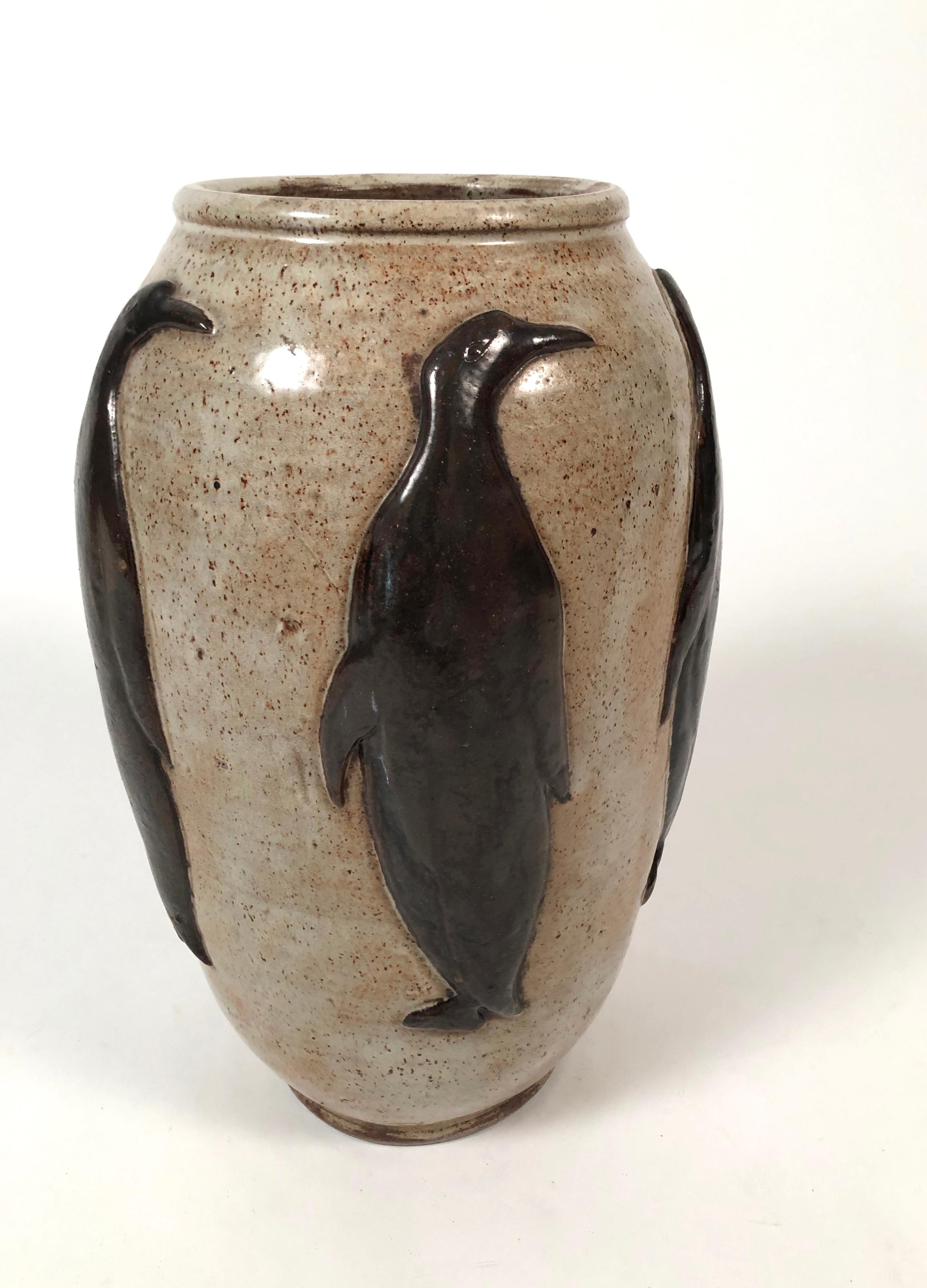 French Art Deco Penguin Stoneware Vase, Belgian, circa 1930