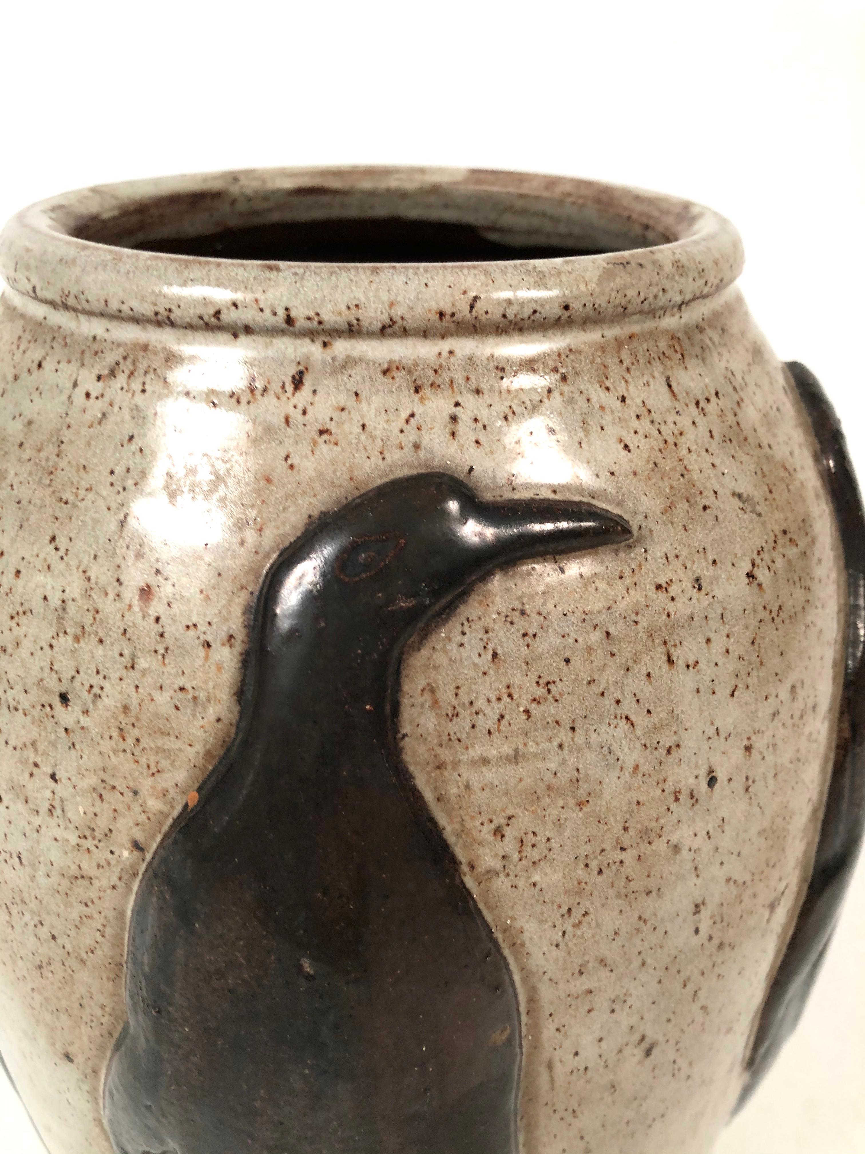 Glazed Art Deco Penguin Stoneware Vase, Belgian, circa 1930