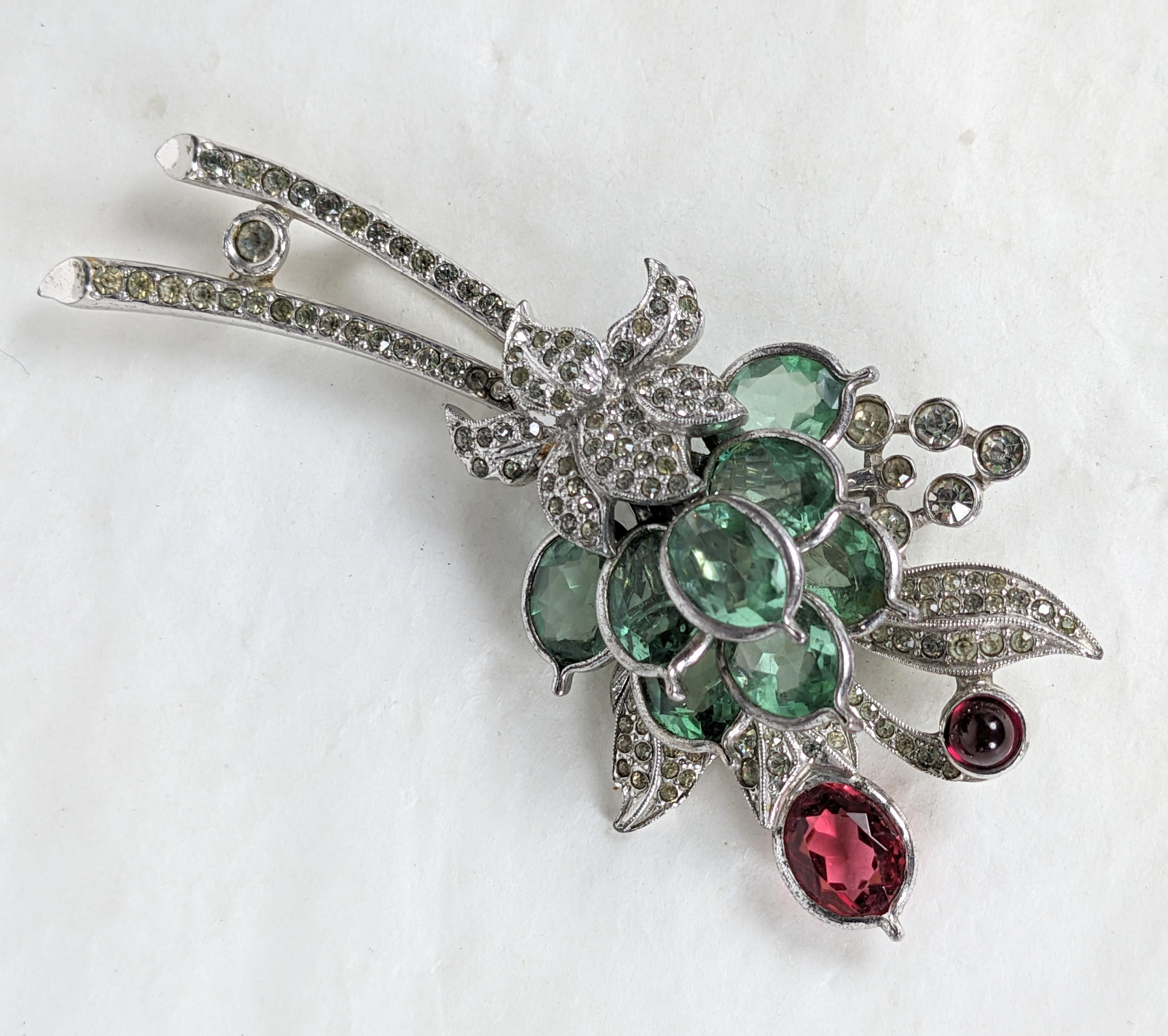 Women's or Men's Art Deco Pennino Peridot and Ruby Paste Spray For Sale