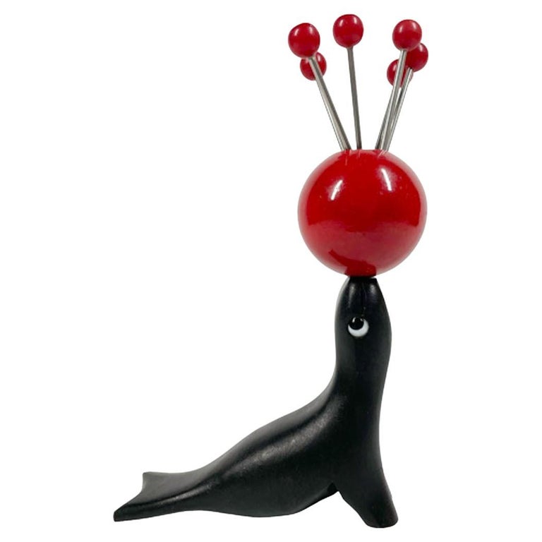 Art Deco Performing Seal Cocktail Pick Holder with Six Cocktail Picks For Sale at 1stDibs