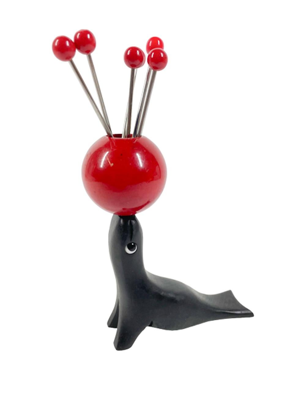 Art Deco Performing Seal Cocktail Pick Set, Seal Balancing a Ball w/ Six Picks  In Good Condition For Sale In Nantucket, MA