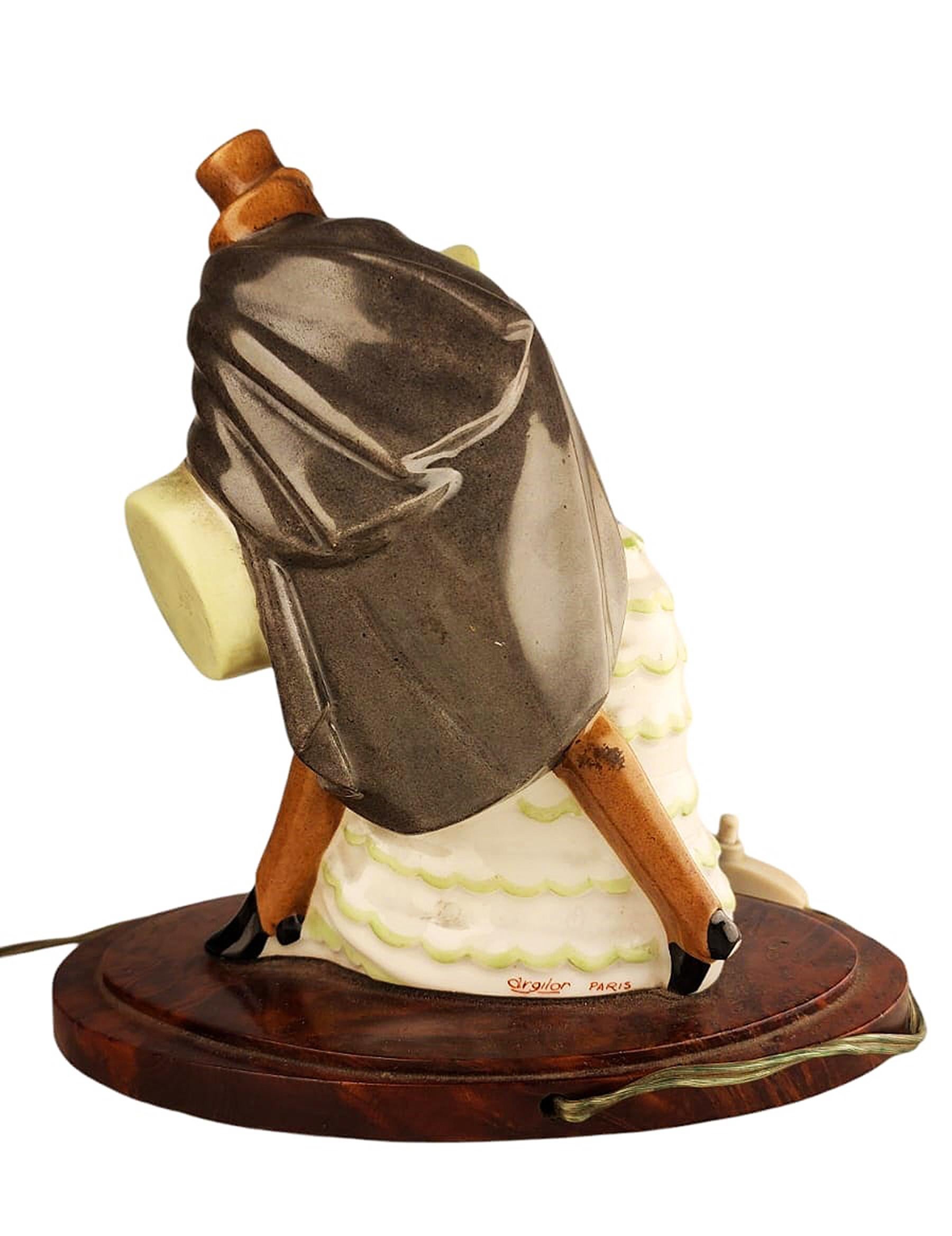 French Art Déco Perfume Lamp of Dressed Up Lady and Masked Man with Cloak by Argilor For Sale