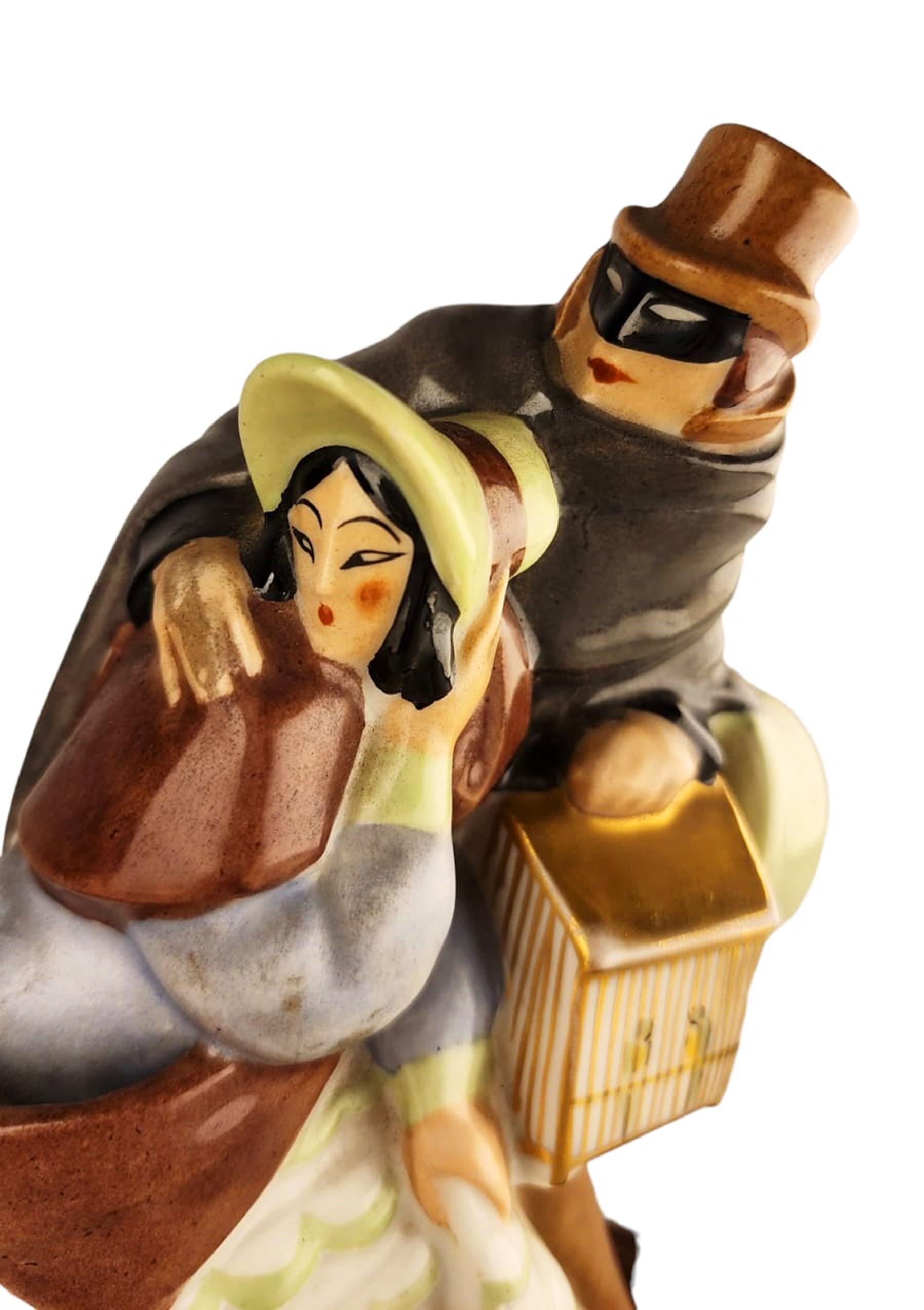 Early 20th Century Art Déco Perfume Lamp of Dressed Up Lady and Masked Man with Cloak by Argilor For Sale