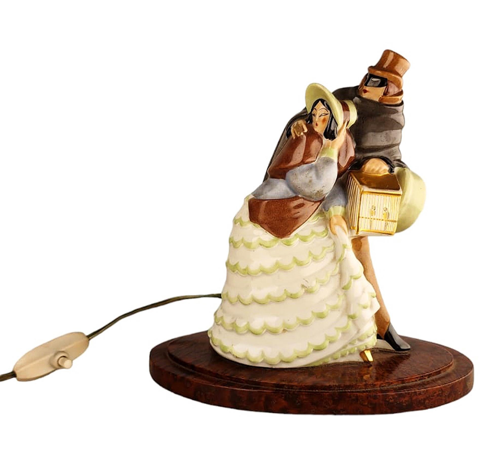 Art Déco Perfume Lamp of Dressed Up Lady and Masked Man with Cloak by Argilor For Sale 1