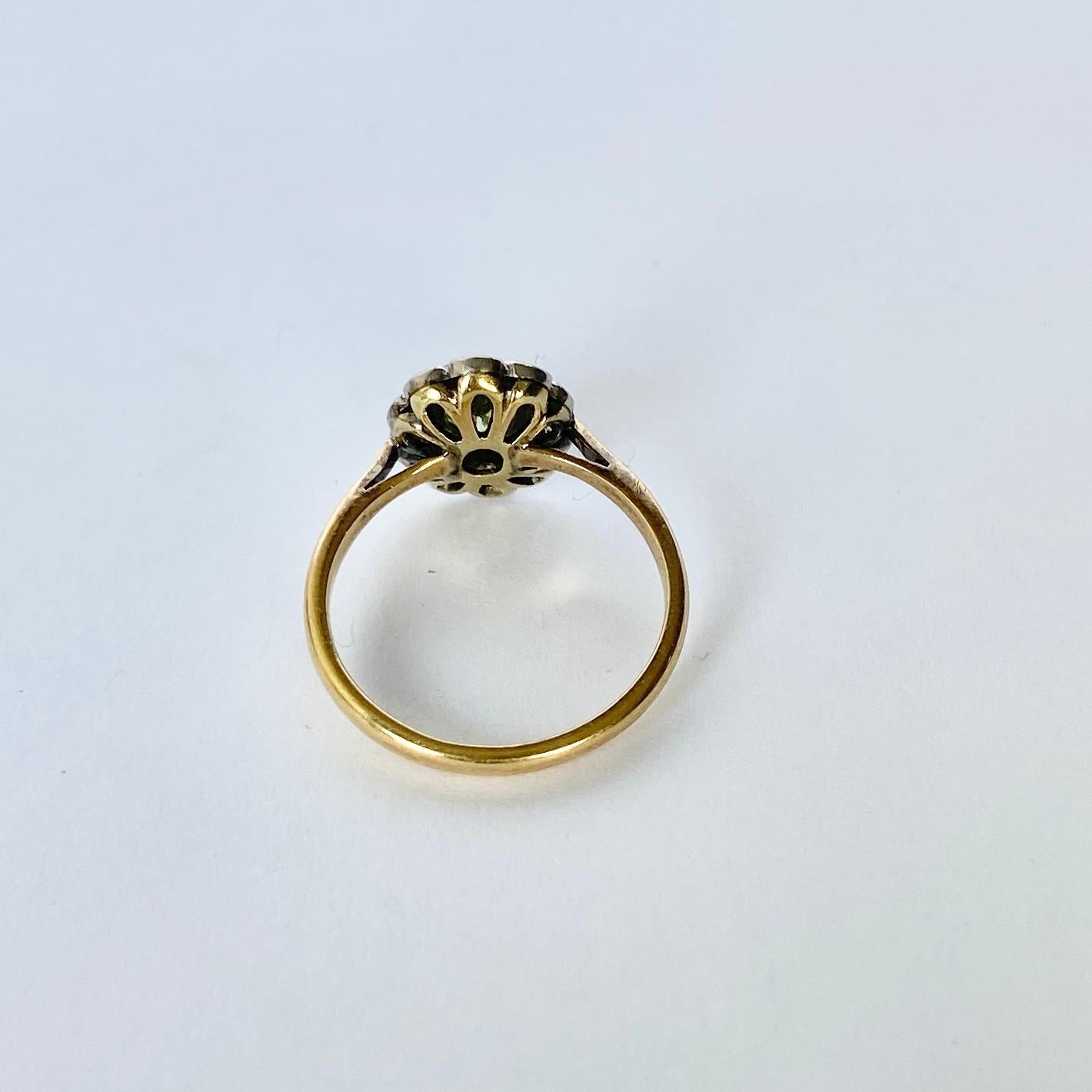 Round Cut Art Deco Peridot and Diamond 18 Carat Gold Cluster Ring