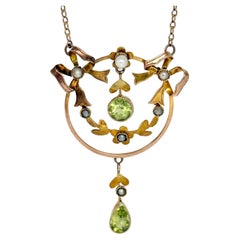 Art Deco Peridot and Pearl 9 Carat Gold Pendant and Chain Art Deco Peridot and Pearl 9 Carat Gold Pendant and Chain