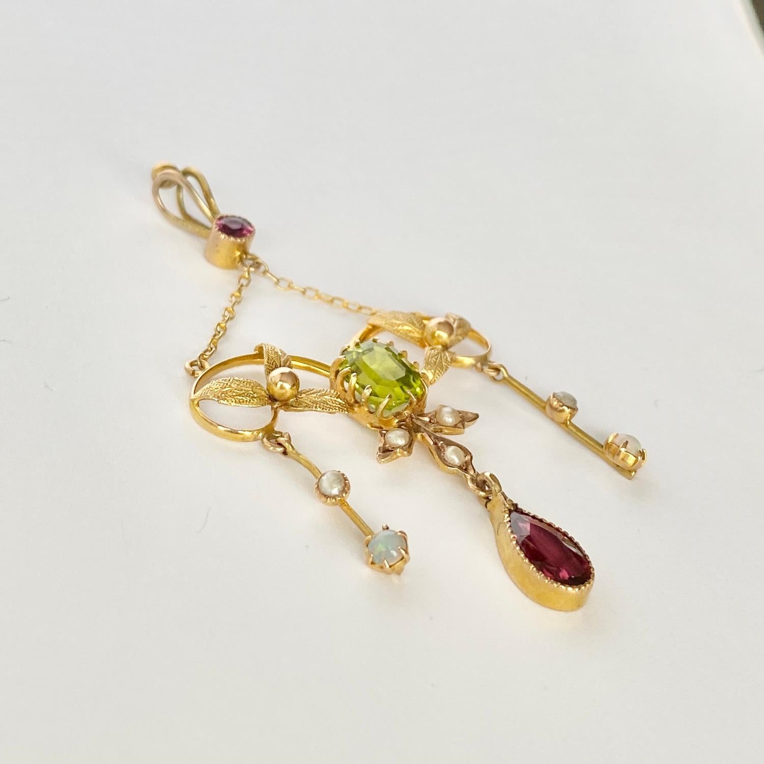 Uncut Art Deco Peridot, Opal, Pearl and Tourmaline 9 Carat Gold Suffragette Pendant