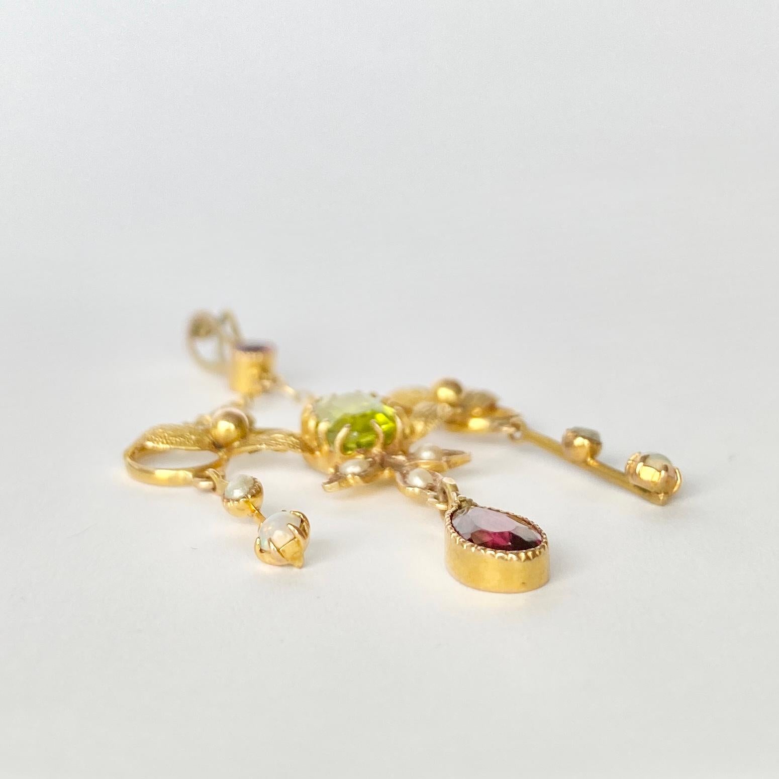 Art Deco Peridot, Opal, Pearl and Tourmaline 9 Carat Gold Suffragette Pendant In Good Condition In Chipping Campden, GB