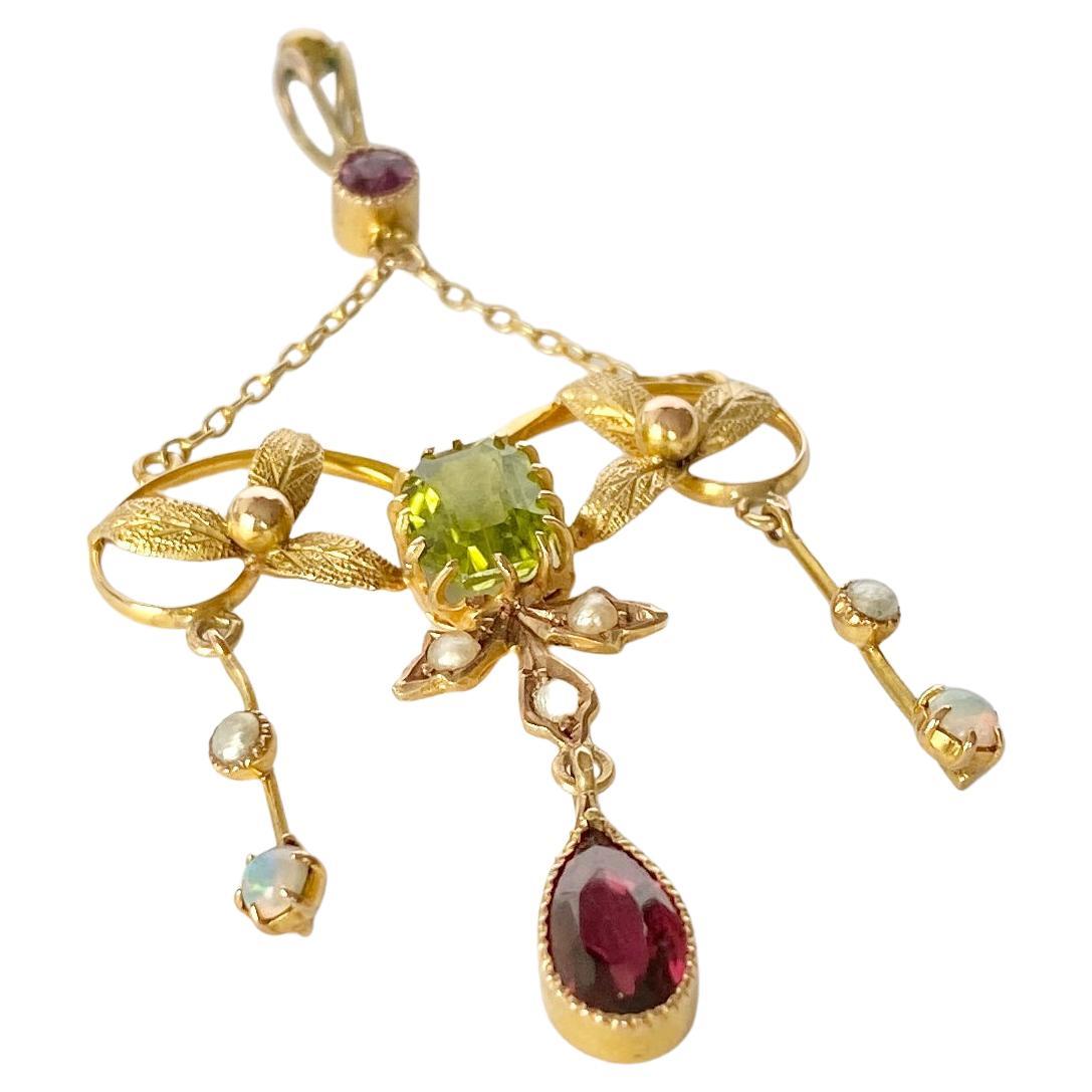 Art Deco Peridot, Opal, Pearl and Tourmaline 9 Carat Gold Suffragette Pendant