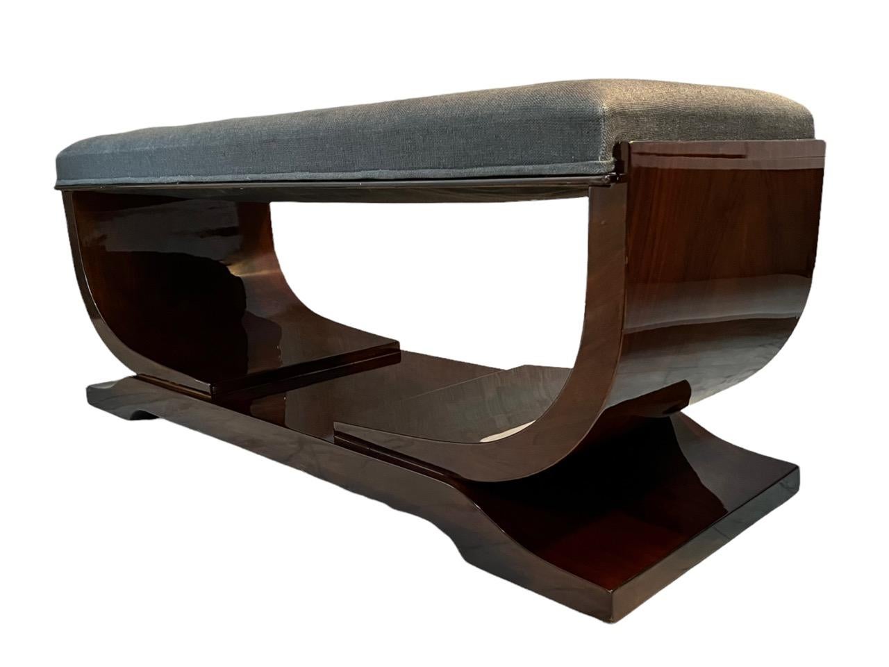 Art Deco Period (1920s) French bench made of rosewood and unupholstered in a dark gray linen fabric. 
 