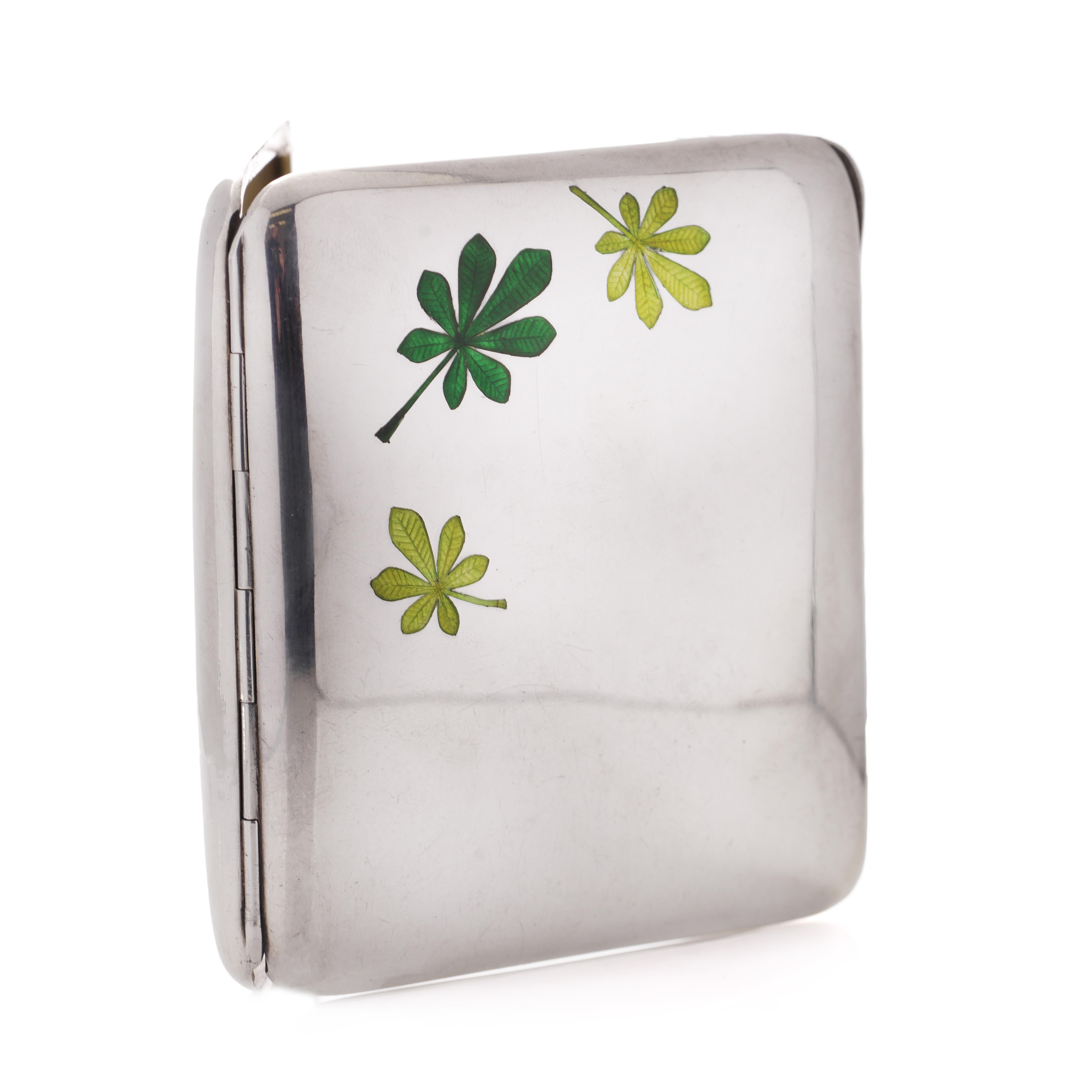 Art Deco period Austrian 935. silver cigarette case with enamel leaf ornaments  For Sale 5