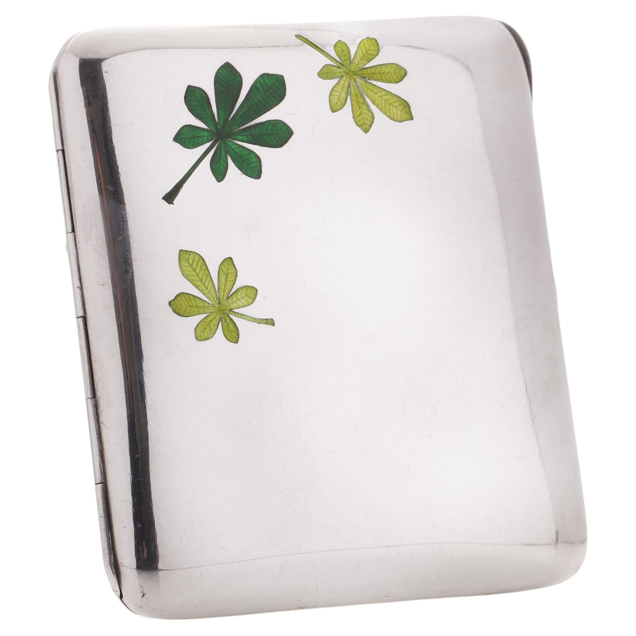 Art Deco period Austrian 935. silver cigarette case with enamel leaf ornaments  For Sale