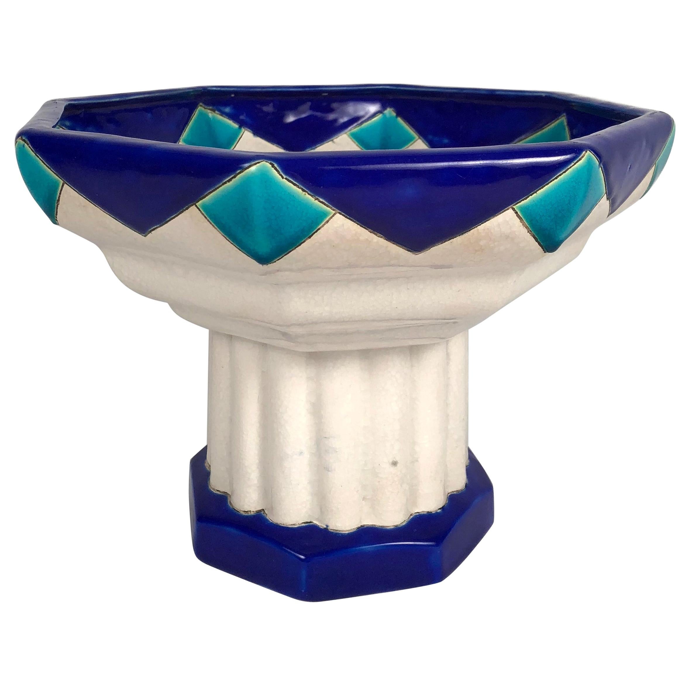 Art Deco Period Blue Turquoise and White Ceramic Footed Bowl by Boch Fr�ères