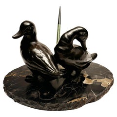 Art Deco Period Cast Ducks on Italian Marble with Original Nib Pen