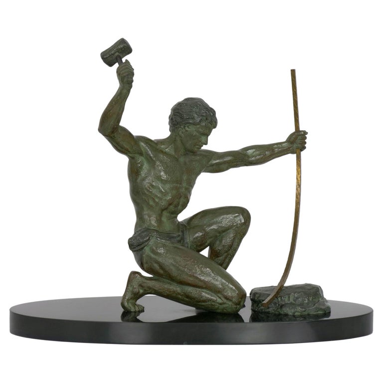 Art Deco Period ColdPainted Metal Sculpture of Man Hammering Bronze circa 1930s For Sale at 1stDibs