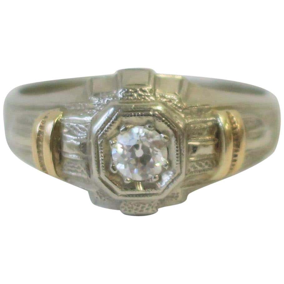 Art Deco Period Diamond and 14-Karat White and Yellow Gold Men's Ring ...