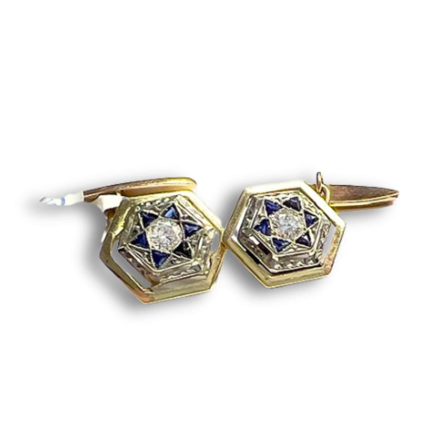 Brilliant Cut Art Deco Period Diamond and Sapphire in 18k Gold and Platinum Cufflinks For Sale
