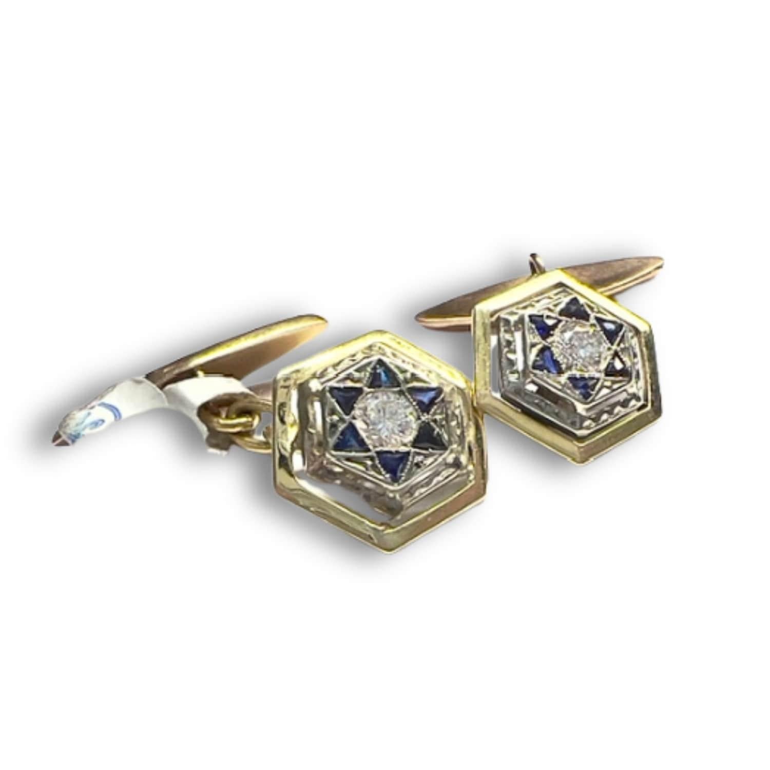 Art Deco Period Diamond and Sapphire in 18k Gold and Platinum Cufflinks In Good Condition For Sale In MADRID, ES
