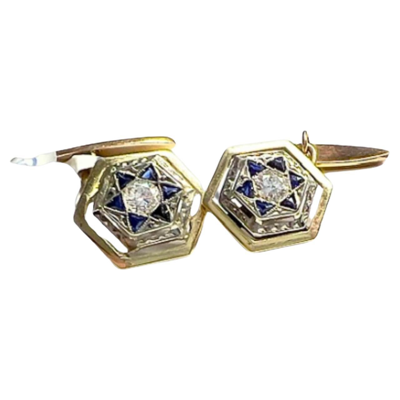 Art Deco Period Diamond and Sapphire in 18k Gold and Platinum Cufflinks For Sale