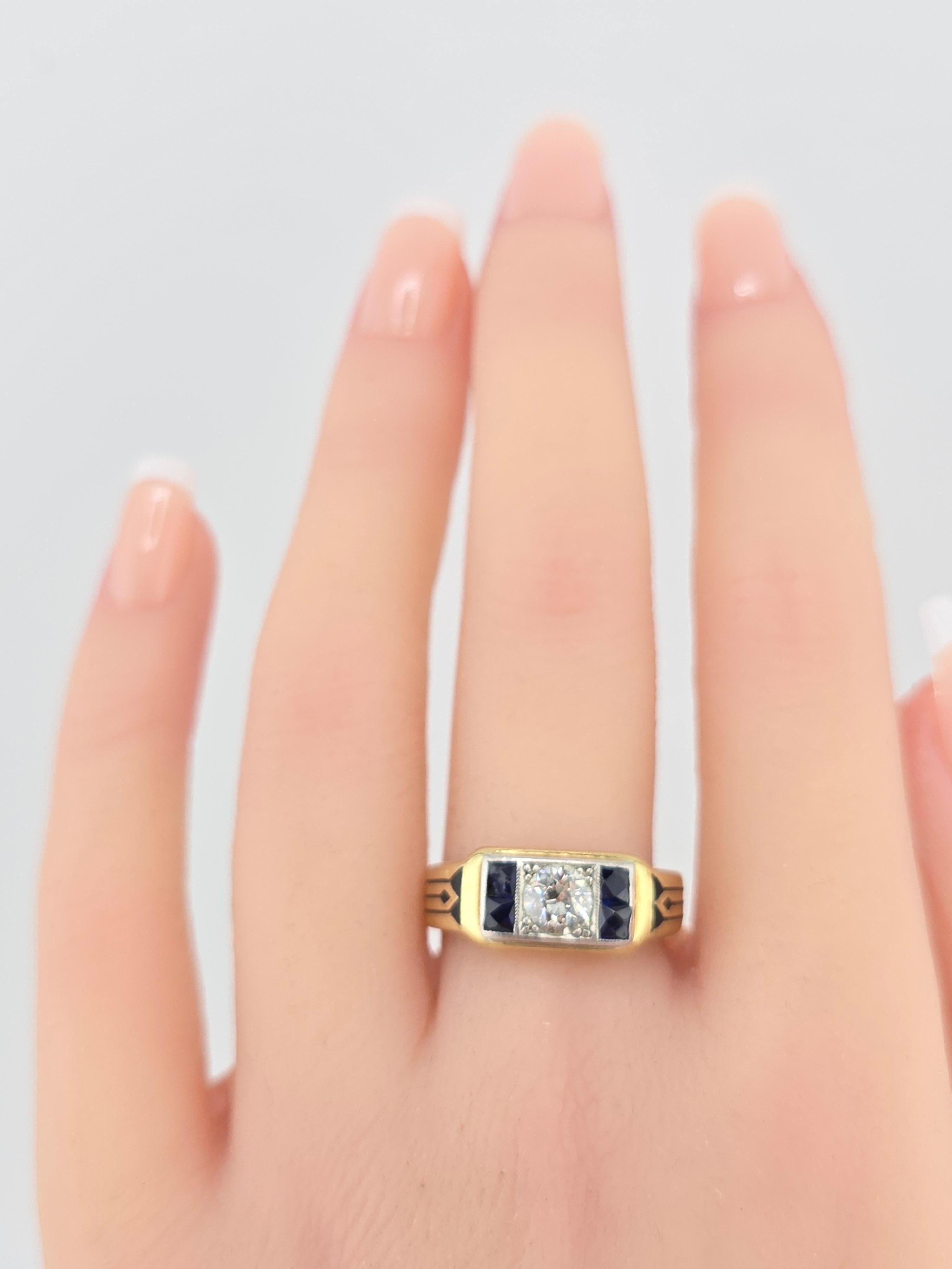 Ring aus der Art-Déco-Periode mit Diamanten und Saphiren und altem Euro-Mittelstein 4