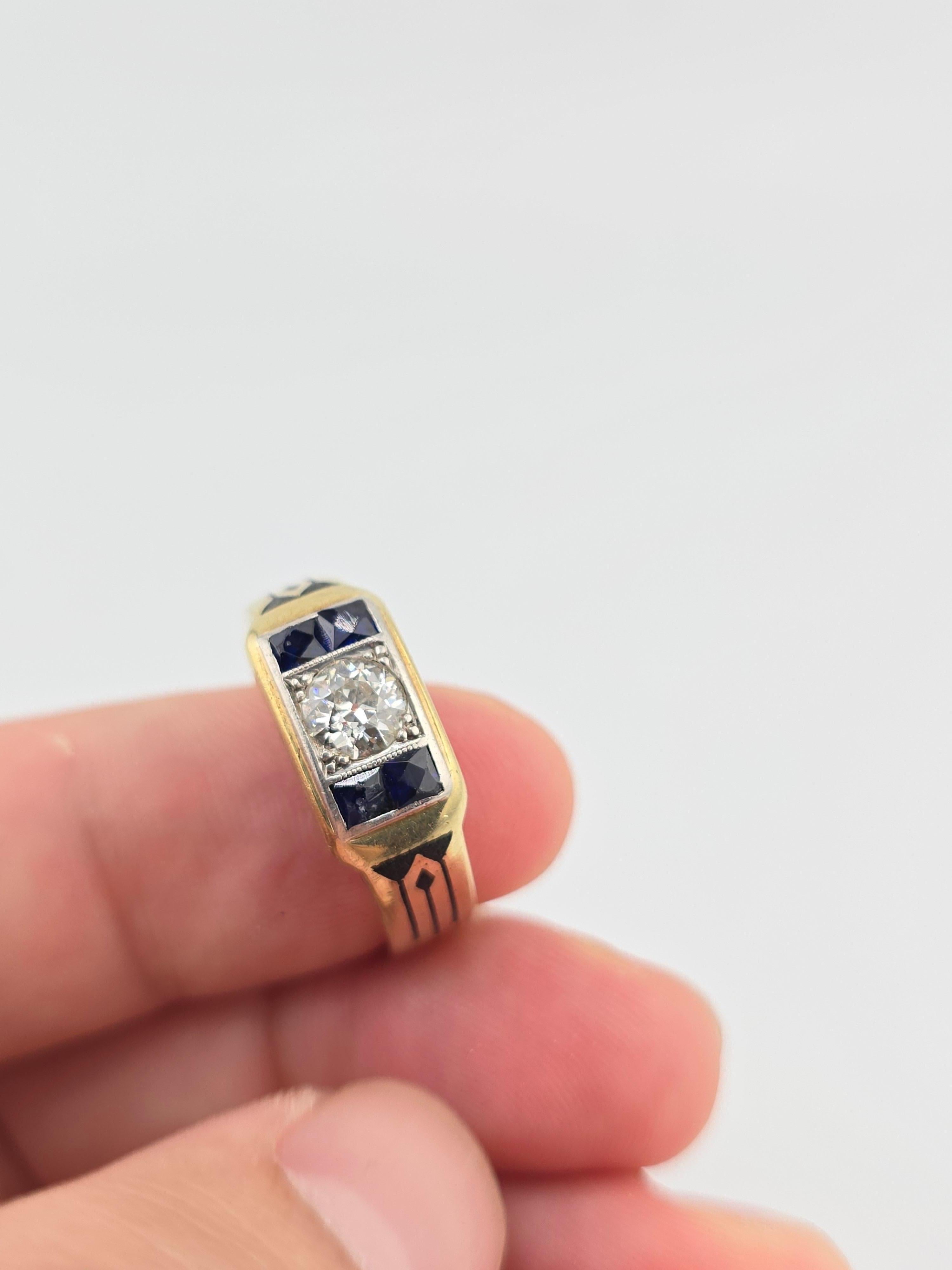 Ring aus der Art-Déco-Periode mit Diamanten und Saphiren und altem Euro-Mittelstein (Art déco)