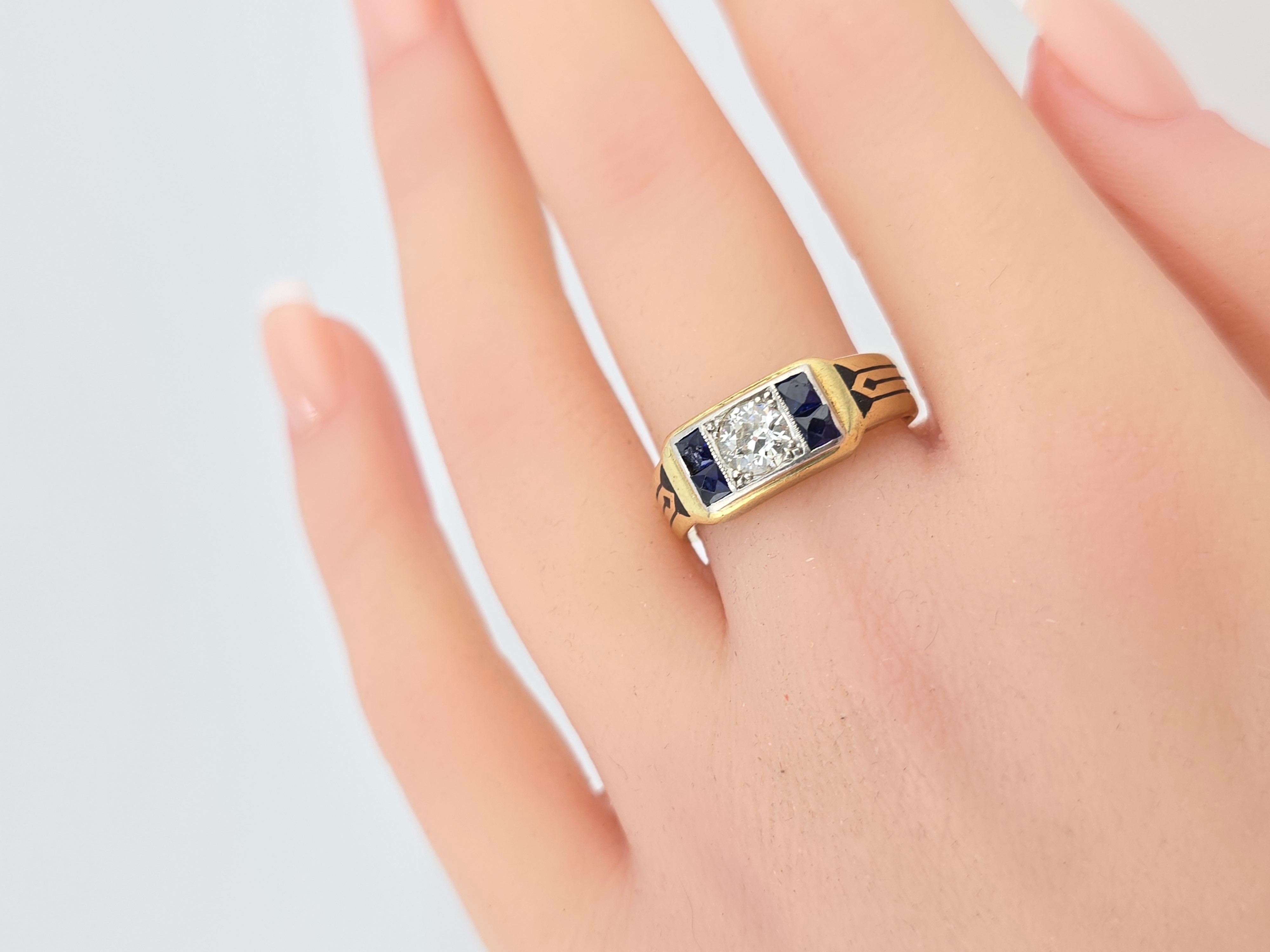 Ring aus der Art-Déco-Periode mit Diamanten und Saphiren und altem Euro-Mittelstein für Damen oder Herren
