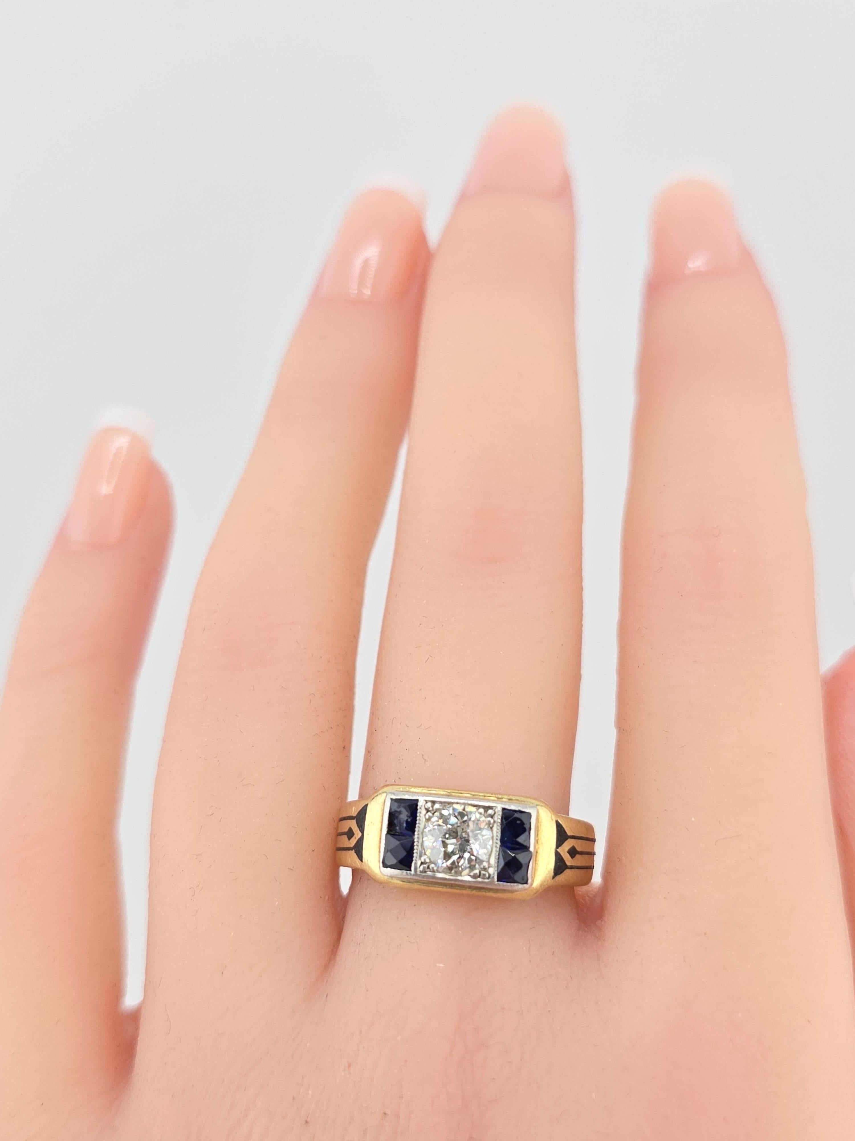 Ring aus der Art-Déco-Periode mit Diamanten und Saphiren und altem Euro-Mittelstein 1
