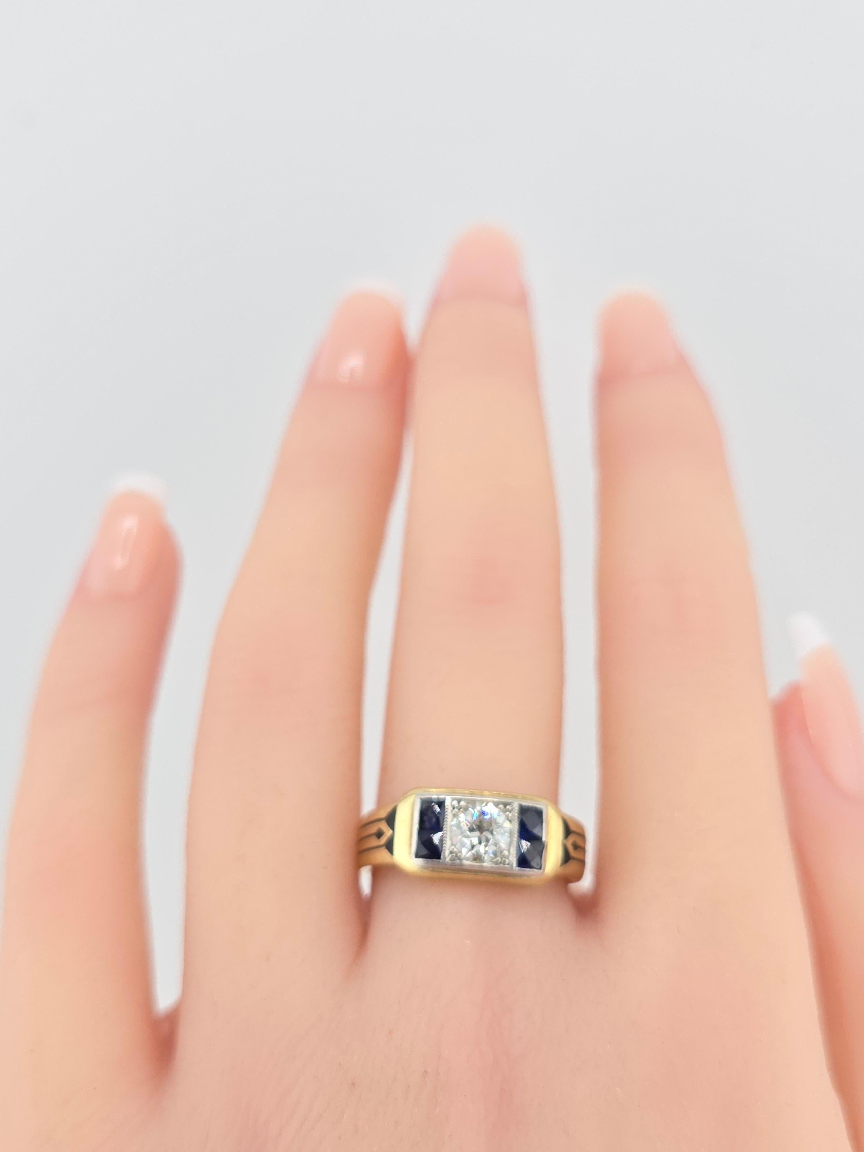 Ring aus der Art-Déco-Periode mit Diamanten und Saphiren und altem Euro-Mittelstein 2