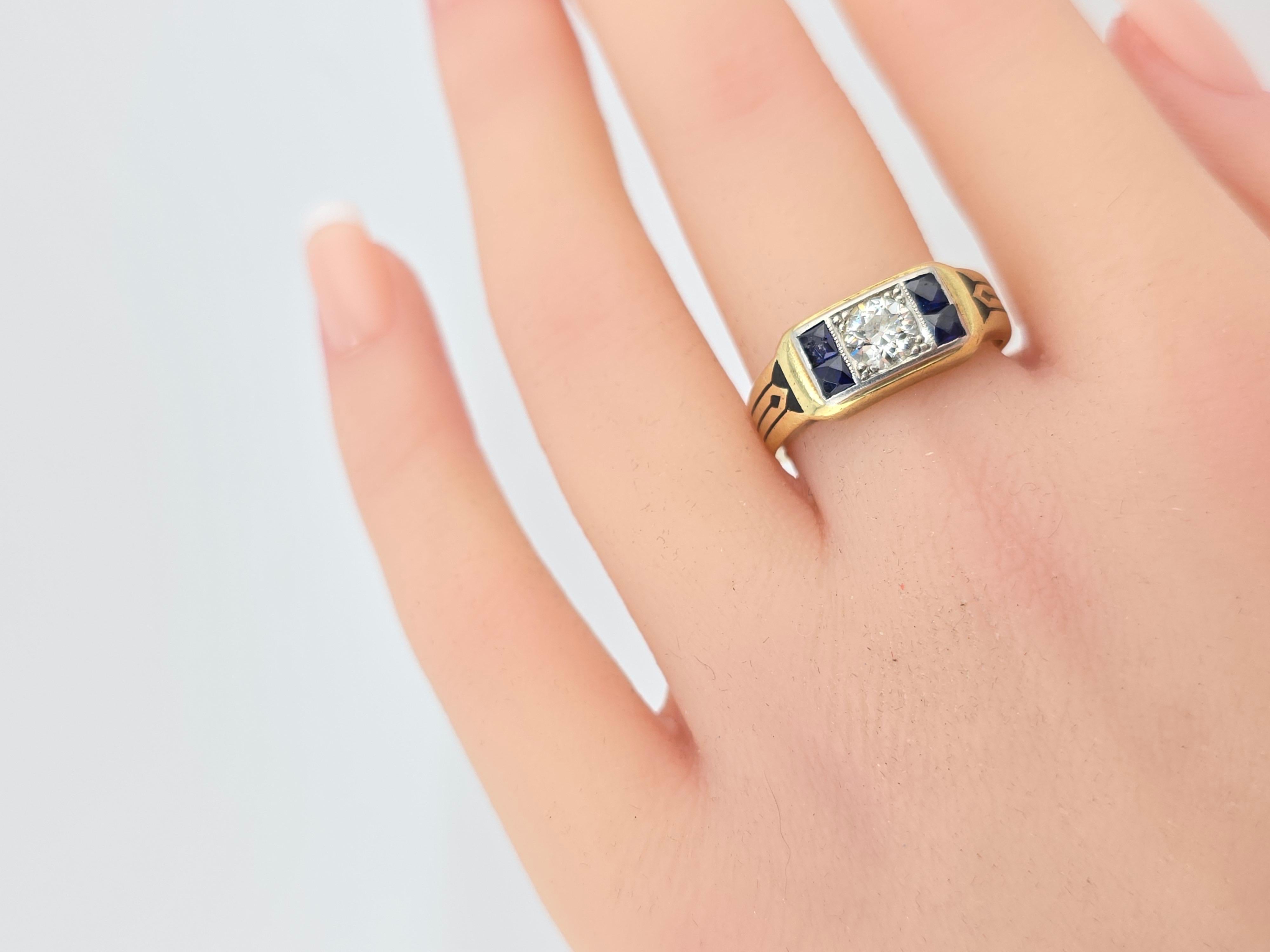 Ring aus der Art-Déco-Periode mit Diamanten und Saphiren und altem Euro-Mittelstein 3