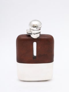 Art Deco Period Edwardian-Style Sterling Silver and Leather-Mounted Flask