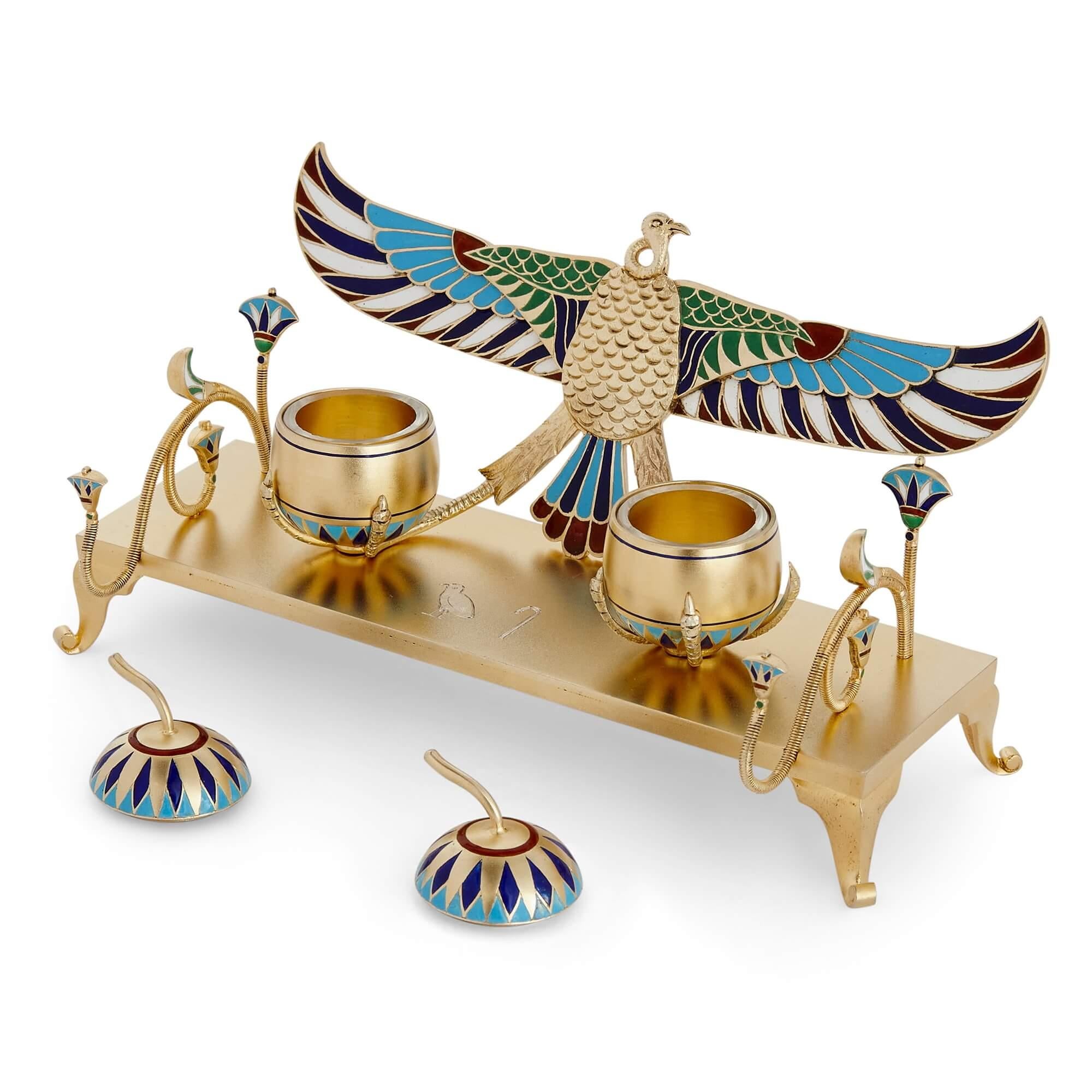 Egyptian Revival Art Deco period Egyptian revival style enamel and silver-gilt desk set For Sale