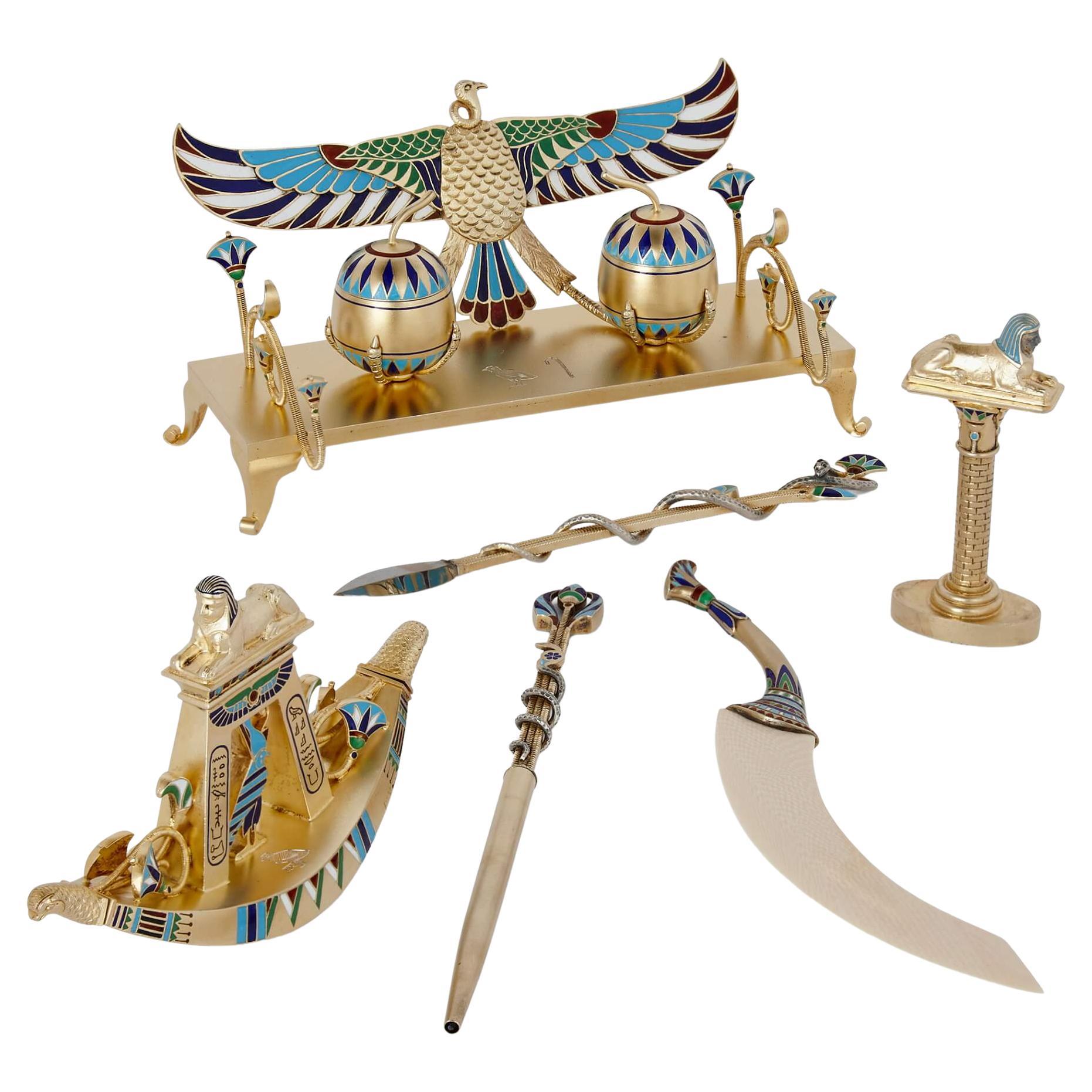 Art Deco period Egyptian revival style enamel and silver-gilt desk set For Sale