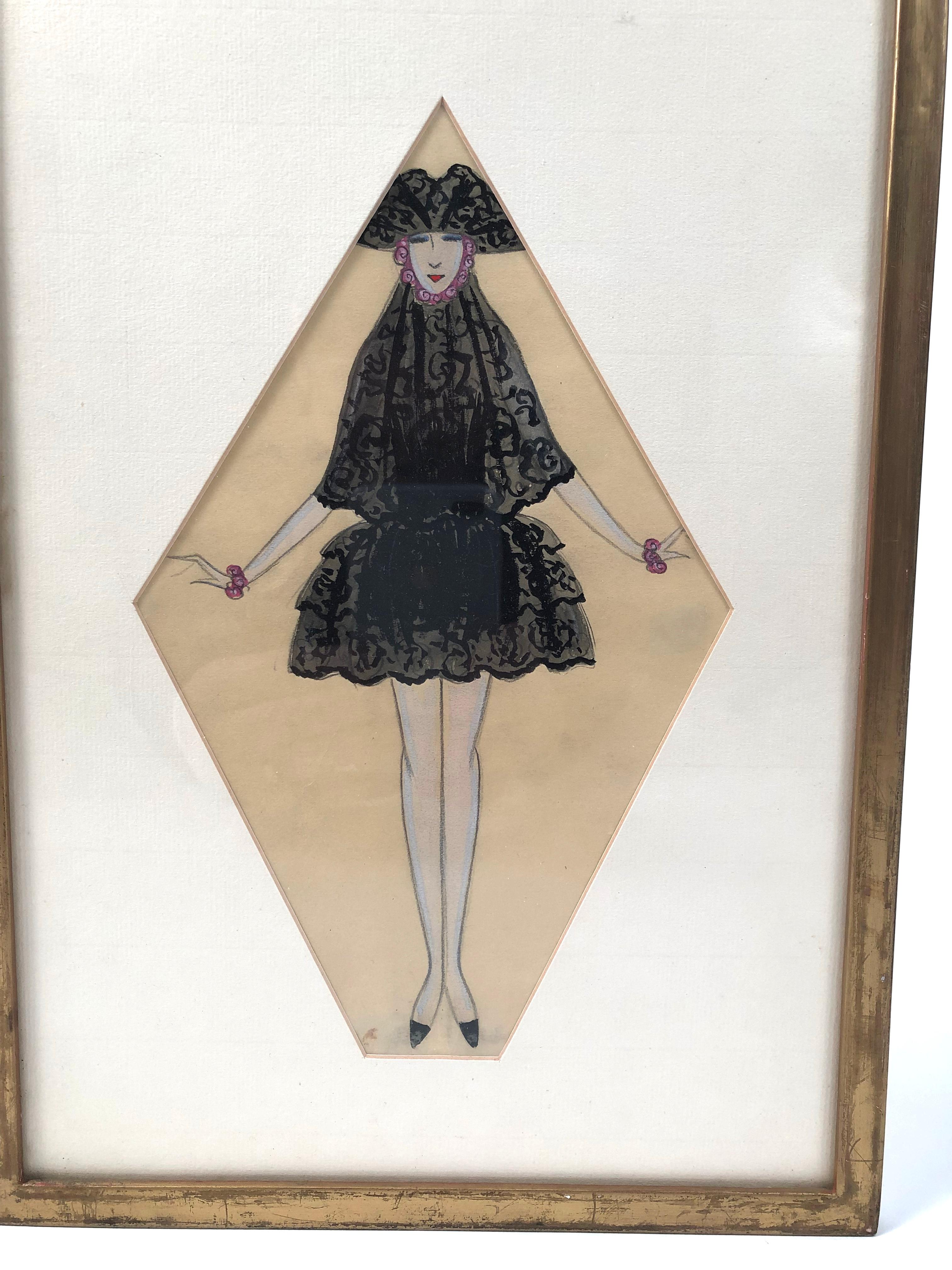 An Art Deco period fashion or costume drawing of a woman in a Venetian black lace dress and hat, with arms extended, showing off her pink purple large beaded bracelets. The hat is reminiscent of men's tricorner hats worn in the 18th century and the